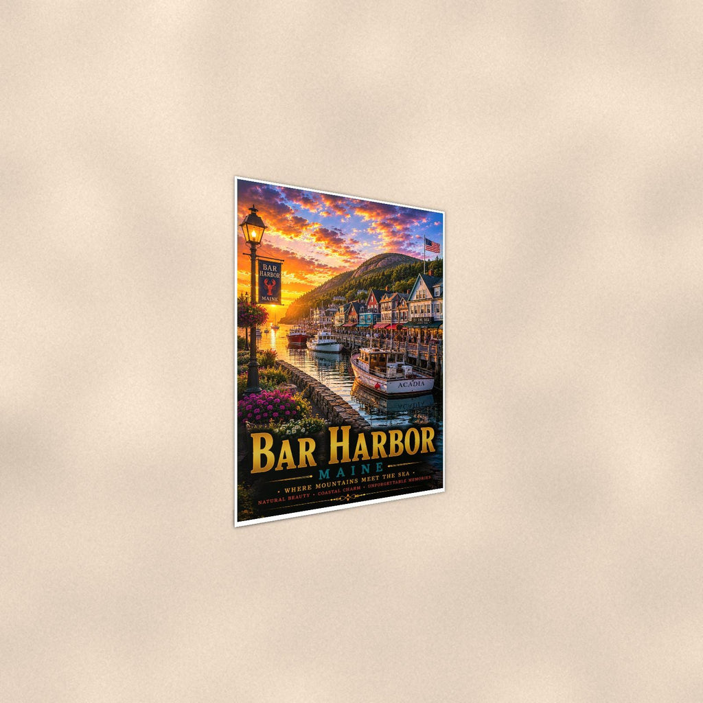 New England coastal town — 24x36 in art print poster, premium luster paper with a white border; steeper three-quarter angle on a warm wall, catching the luster sheen.