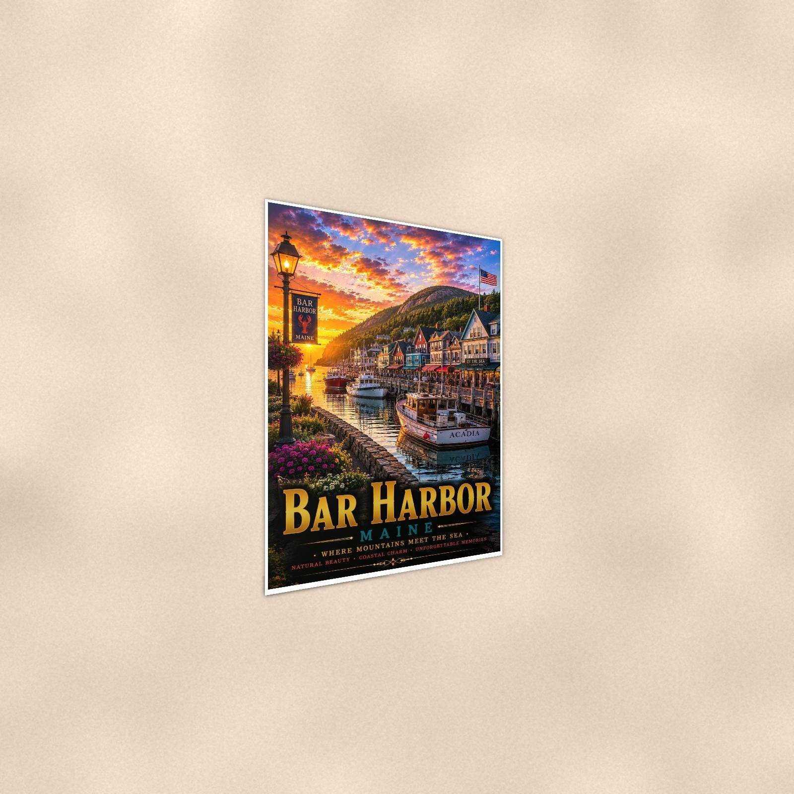 New England coastal town — 24x36 in art print poster, premium luster paper with a white border; steeper three-quarter angle on a warm wall, catching the luster sheen.