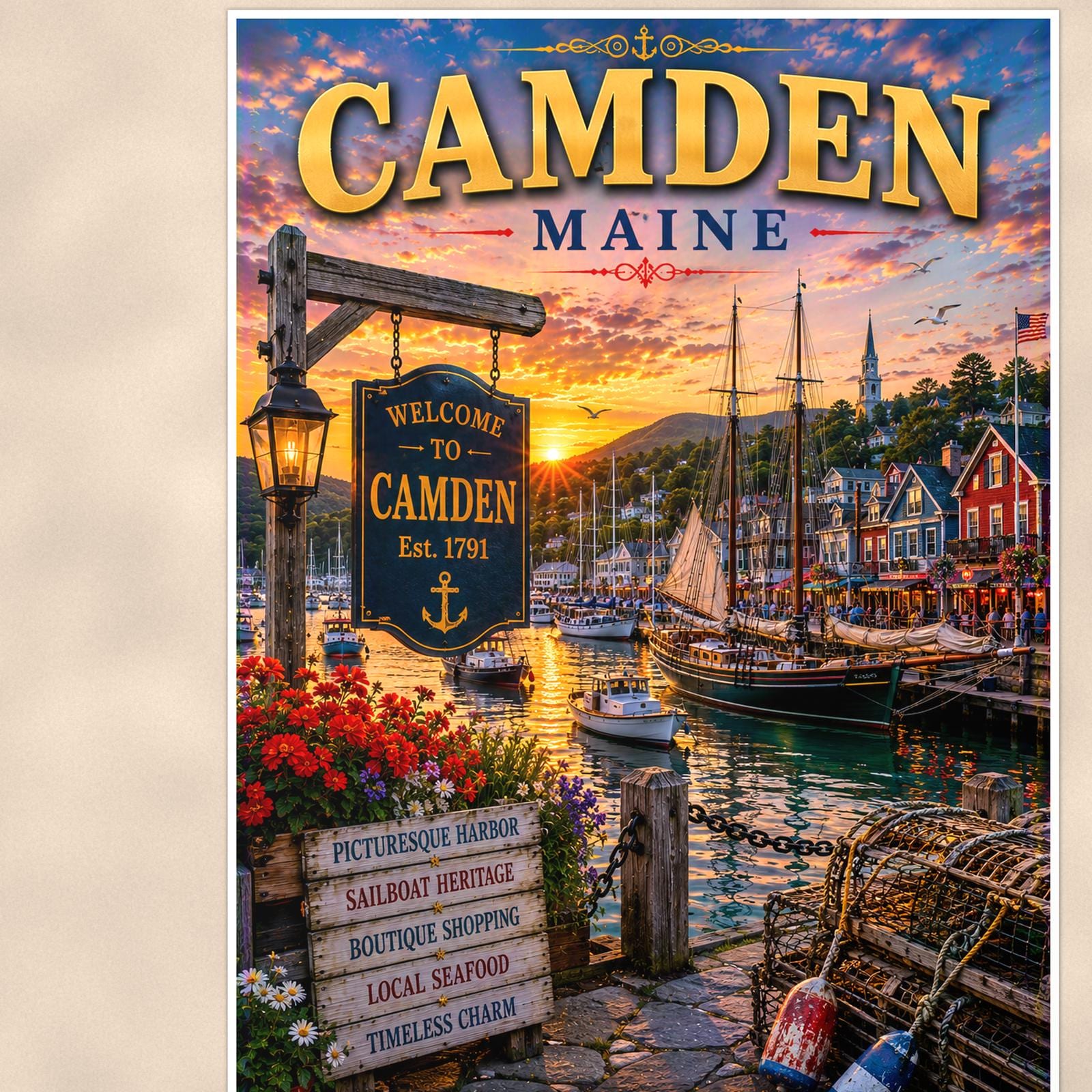 New England coastal town — 24x36 in art print poster, premium luster paper with a white border; close-up framed on the main subject of the artwork, paper surface visible.
