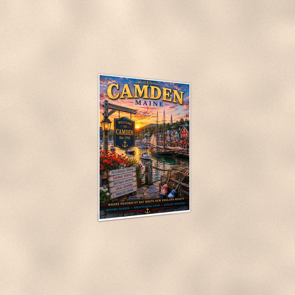 New England coastal town — 24x36 in art print poster, premium luster paper with a white border; gentle three-quarter angle on a warm wall, showing the flat paper edge.