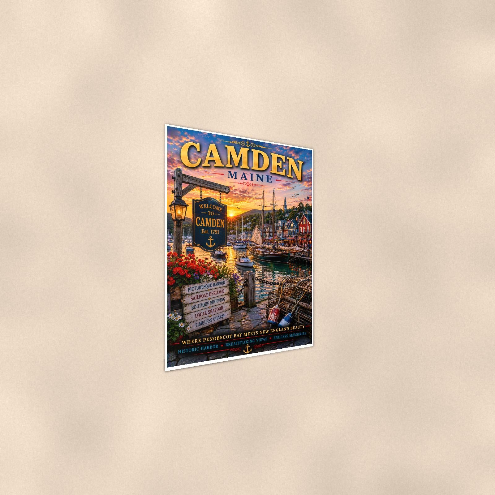 New England coastal town — 24x36 in art print poster, premium luster paper with a white border; steeper three-quarter angle on a warm wall, catching the luster sheen.