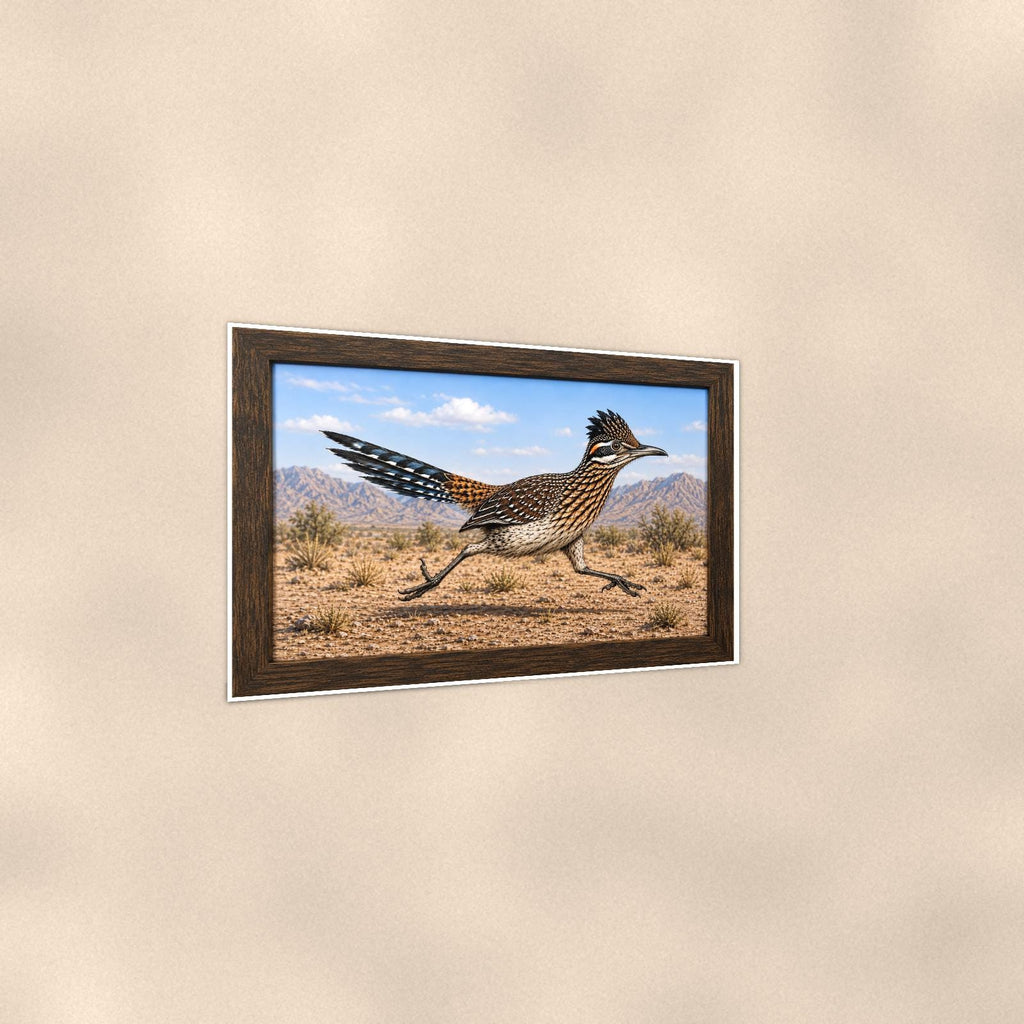 Vintage Running Coyote — 36x24 in art print poster, premium luster paper with a white border; gentle three-quarter angle on a warm wall, showing the flat paper edge.