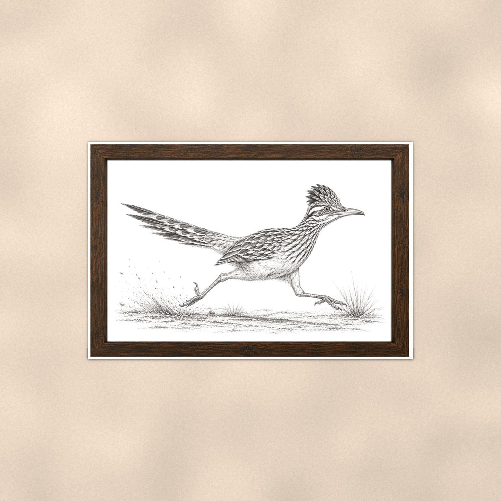 Vintage Running Roadrunner — 36x24 in art print poster, premium luster paper with a white border; poster shown straight on against a warm wall.