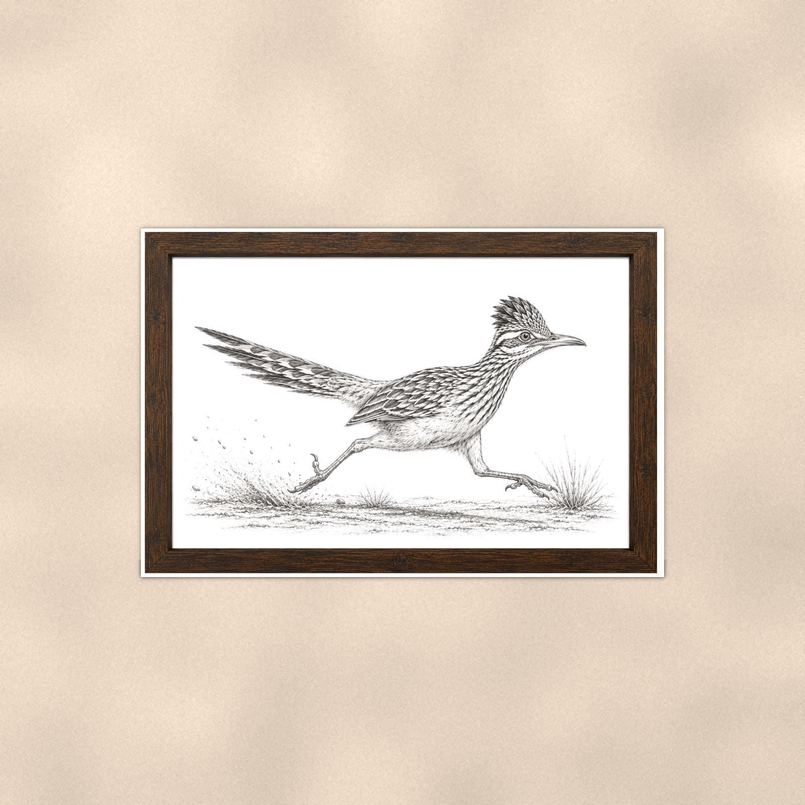 Vintage Running Roadrunner — 36x24 in art print poster, premium luster paper with a white border; poster shown straight on against a warm wall.