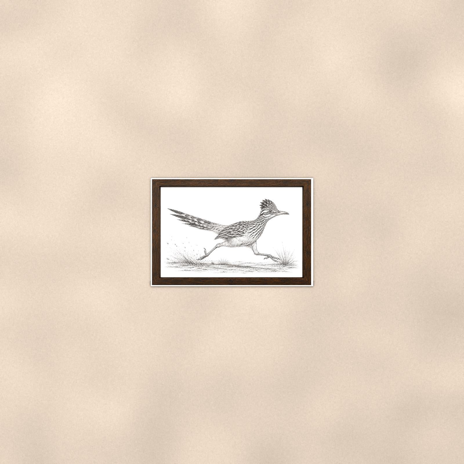 Vintage Running Roadrunner — 36x24 in art print poster, premium luster paper with a white border; poster seen from further back, at true 24x36 in scale on a warm wall.
