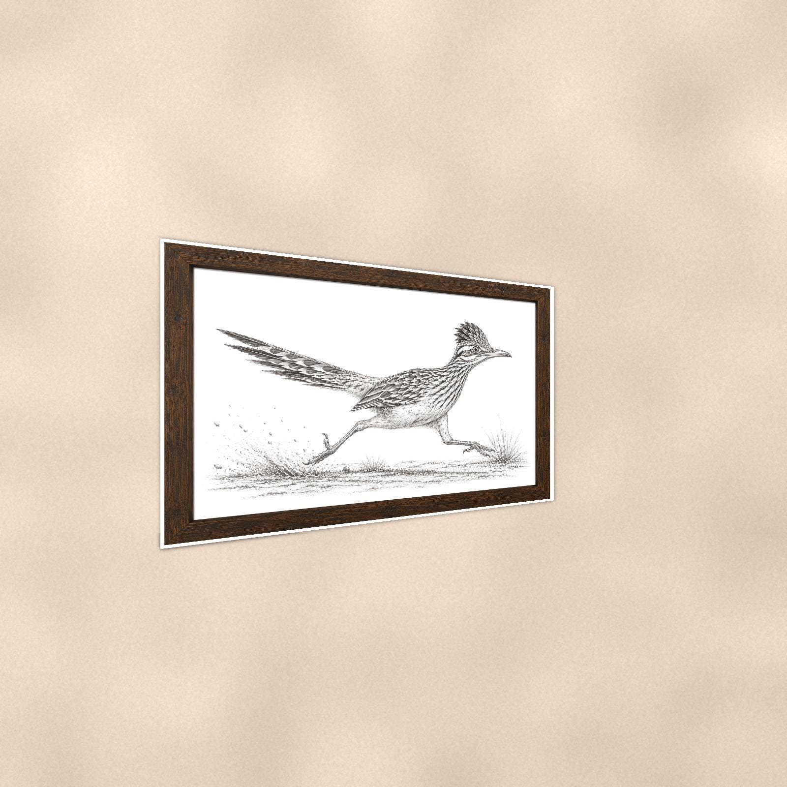 Vintage Running Roadrunner — 36x24 in art print poster, premium luster paper with a white border; steeper three-quarter angle on a warm wall, catching the luster sheen.