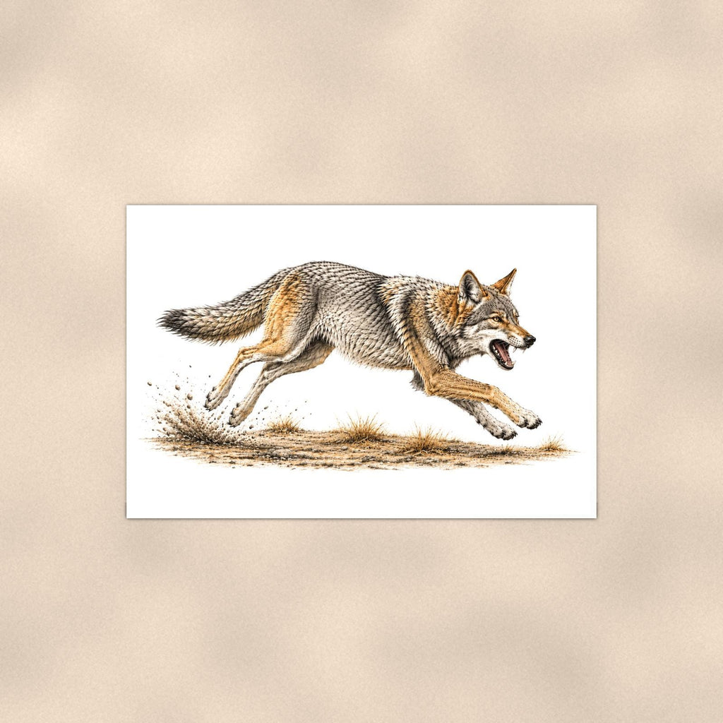 Rustic Running Coyote — 36x24 in art print poster, premium luster paper with a white border; poster shown straight on against a warm wall.
