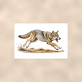 Rustic Running Coyote — 36x24 in art print poster, premium luster paper with a white border; poster shown straight on against a warm wall.
