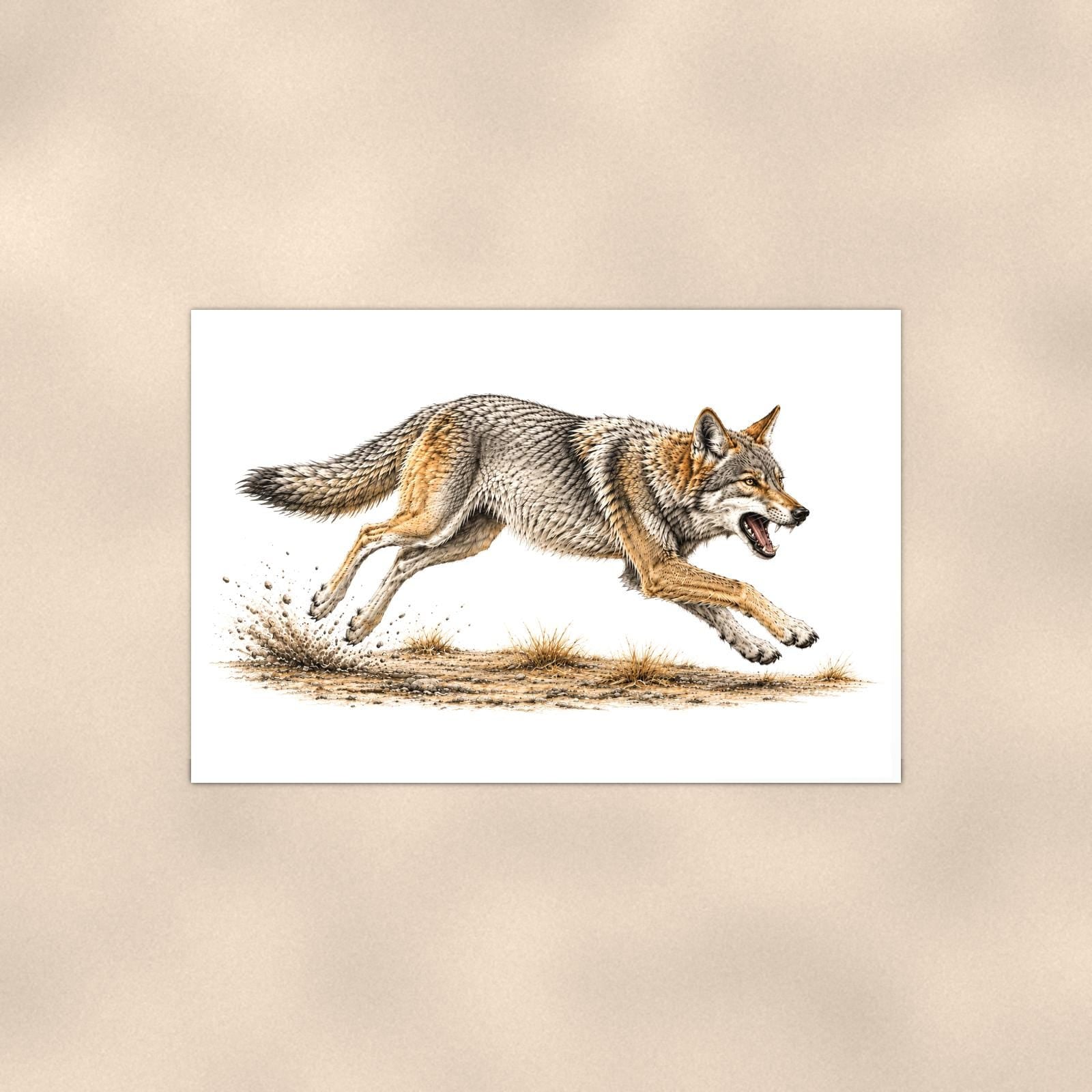 Rustic Running Coyote — 36x24 in art print poster, premium luster paper with a white border; poster shown straight on against a warm wall.