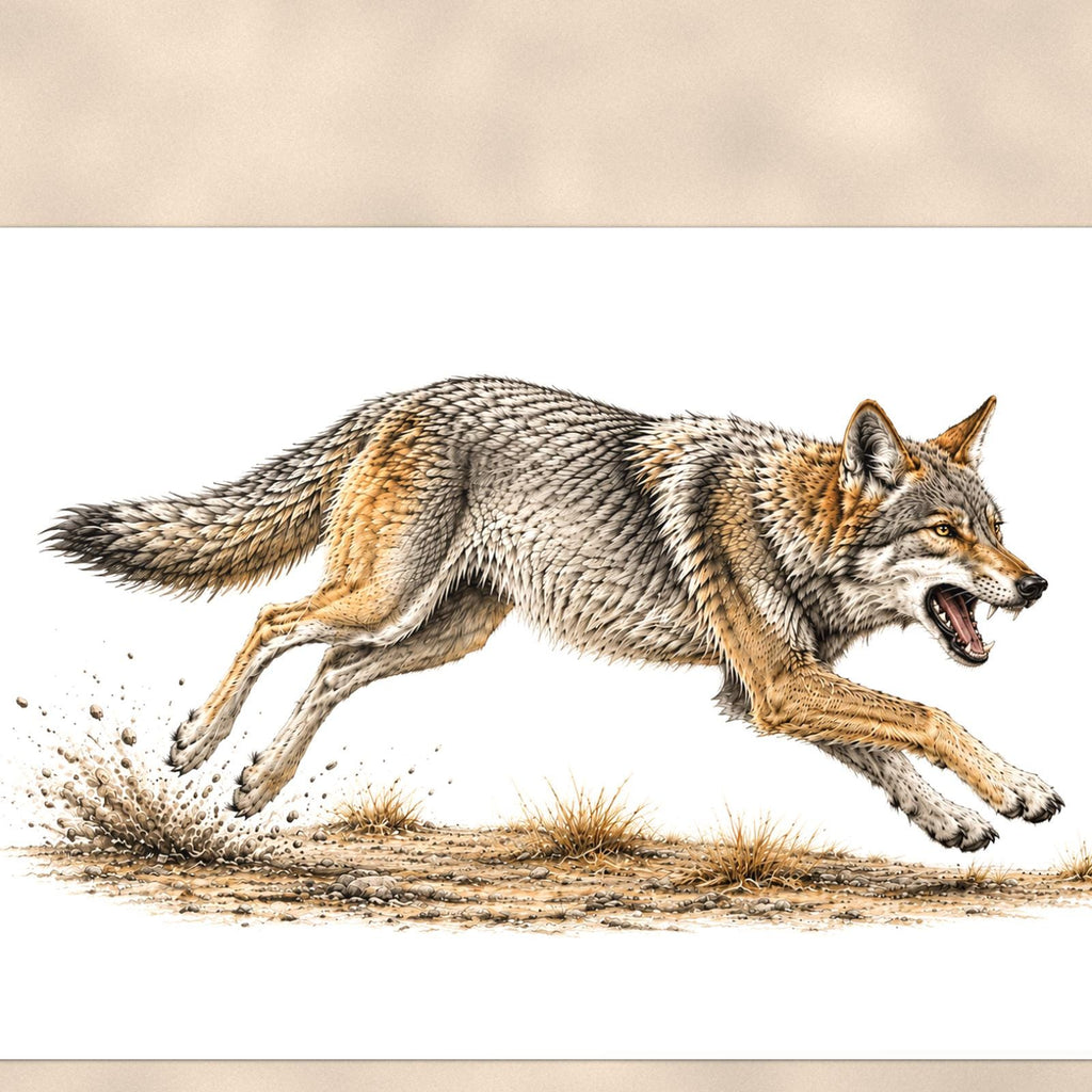 Rustic Running Coyote — 36x24 in art print poster, premium luster paper with a white border; close-up framed on the main subject of the artwork, paper surface visible.
