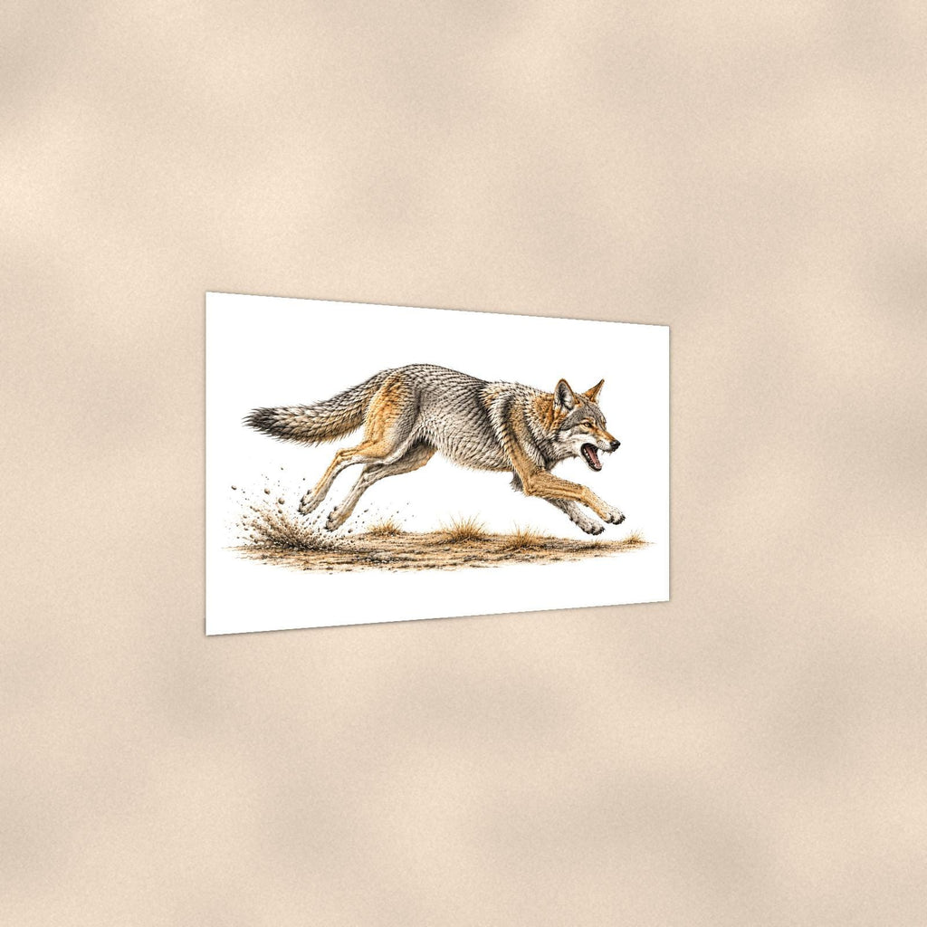 Rustic Running Coyote — 36x24 in art print poster, premium luster paper with a white border; gentle three-quarter angle on a warm wall, showing the flat paper edge.