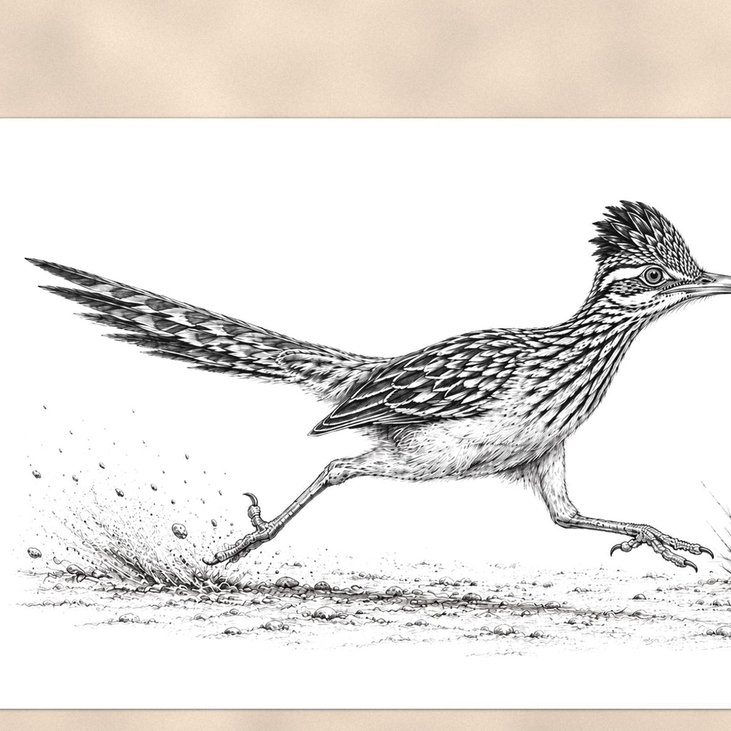 Rustic Running Roadrunner — 36x24 in art print poster, premium luster paper with a white border; close-up framed on the main subject of the artwork, paper surface visible.