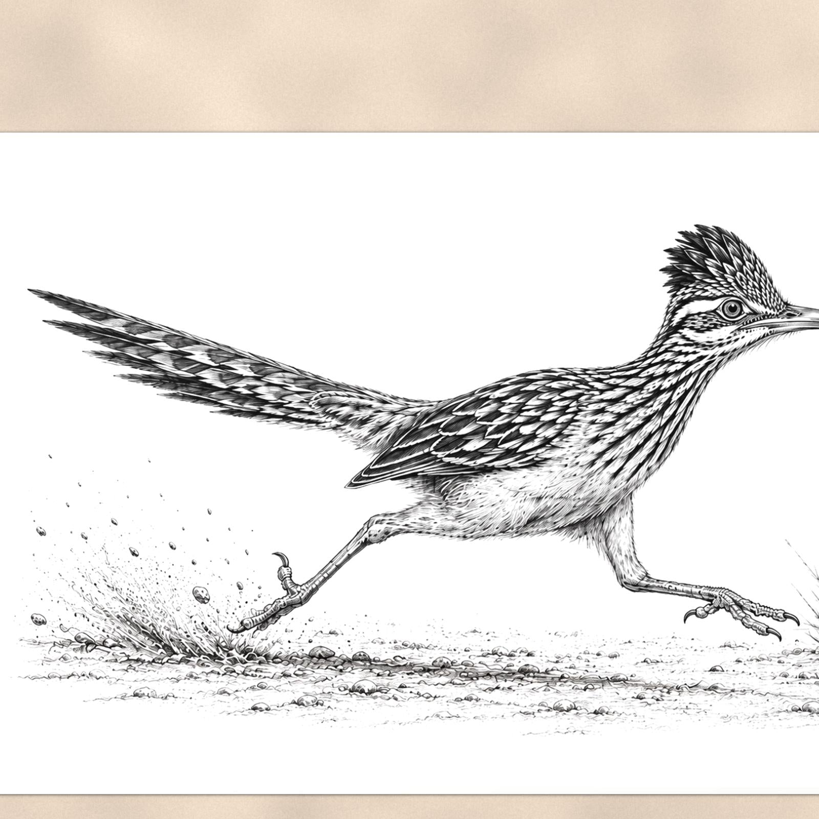 Rustic Running Roadrunner — 36x24 in art print poster, premium luster paper with a white border; close-up framed on the main subject of the artwork, paper surface visible.