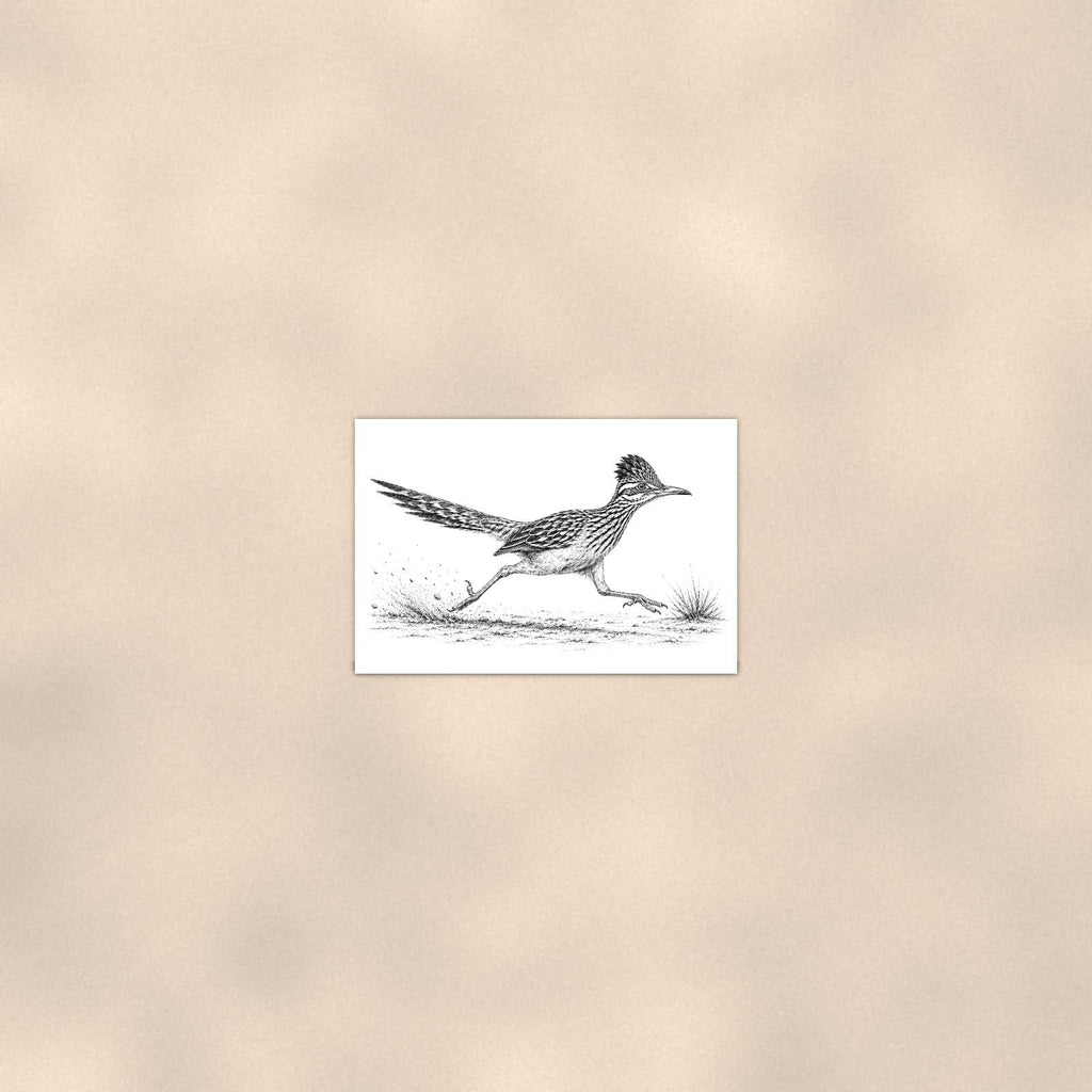 Rustic Running Roadrunner — 36x24 in art print poster, premium luster paper with a white border; poster seen from further back, at true 24x36 in scale on a warm wall.