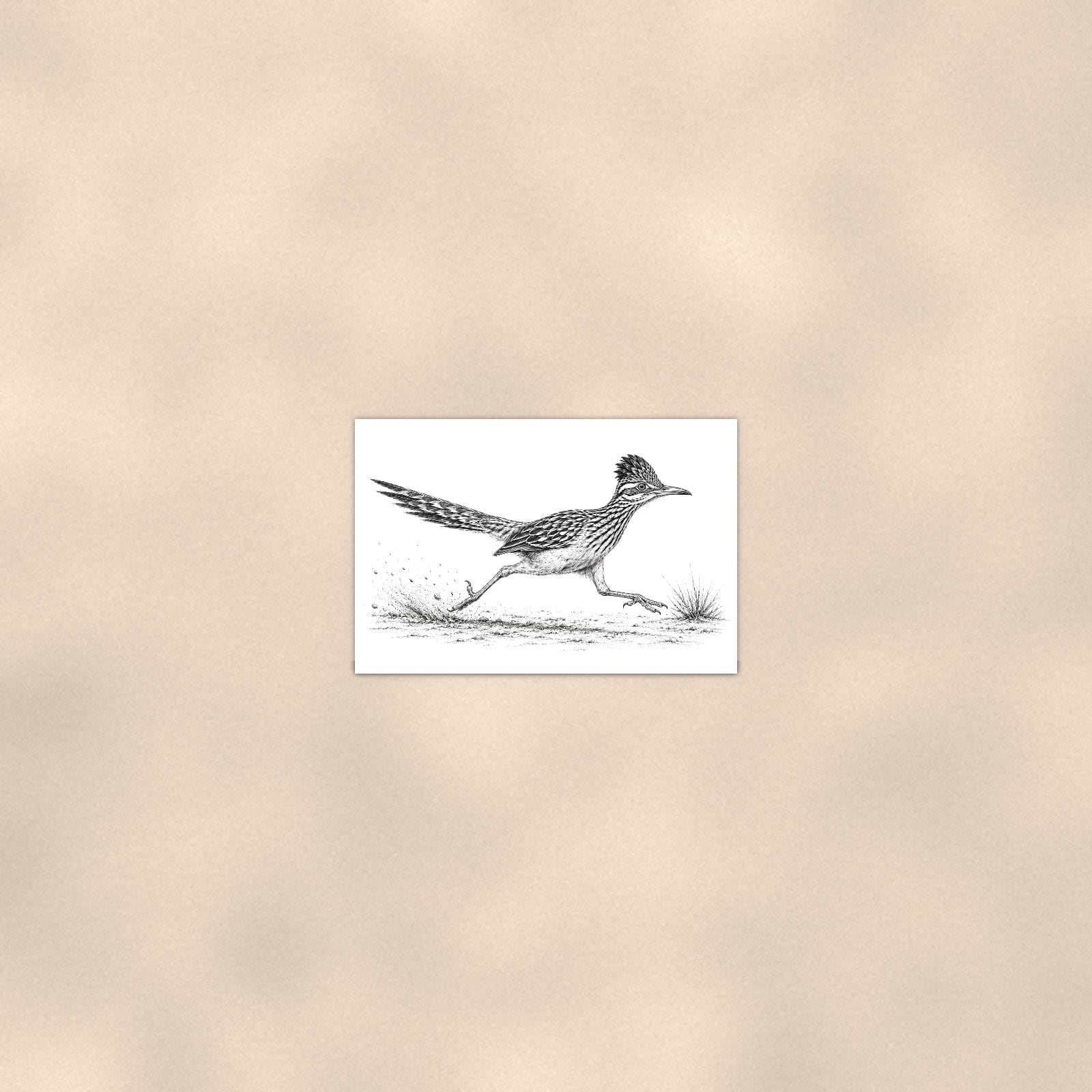 Rustic Running Roadrunner — 36x24 in art print poster, premium luster paper with a white border; poster seen from further back, at true 24x36 in scale on a warm wall.