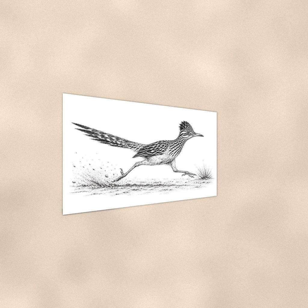 Rustic Running Roadrunner — 36x24 in art print poster, premium luster paper with a white border; steeper three-quarter angle on a warm wall, catching the luster sheen.