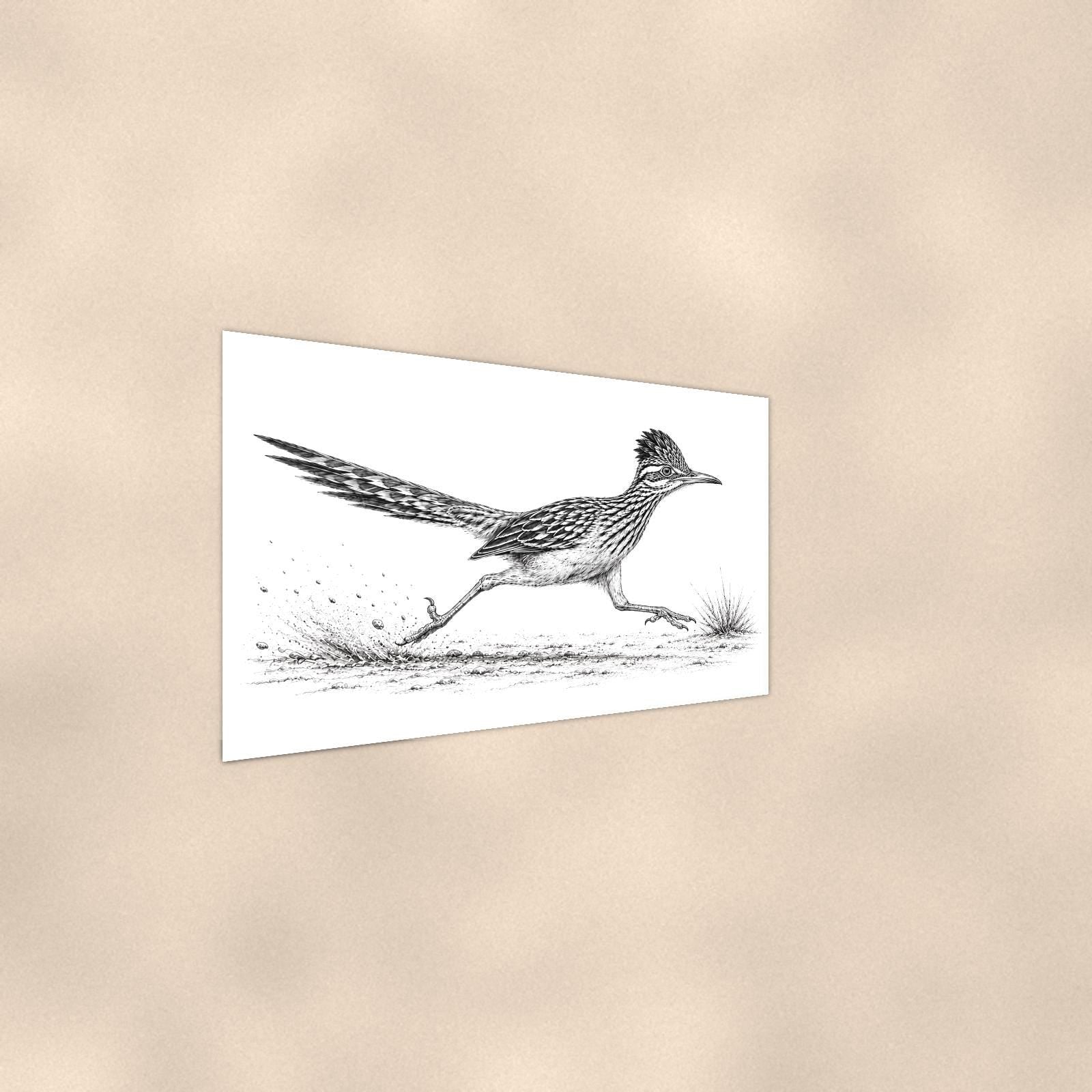 Rustic Running Roadrunner — 36x24 in art print poster, premium luster paper with a white border; steeper three-quarter angle on a warm wall, catching the luster sheen.
