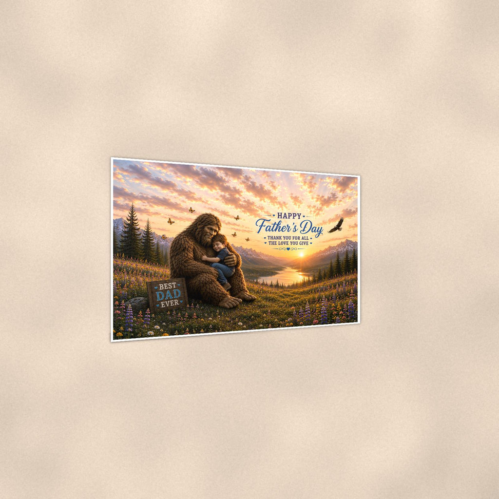 Father’s Day Bigfoot — 36x24 in art print poster, premium luster paper with a white border; gentle three-quarter angle on a warm wall, showing the flat paper edge.