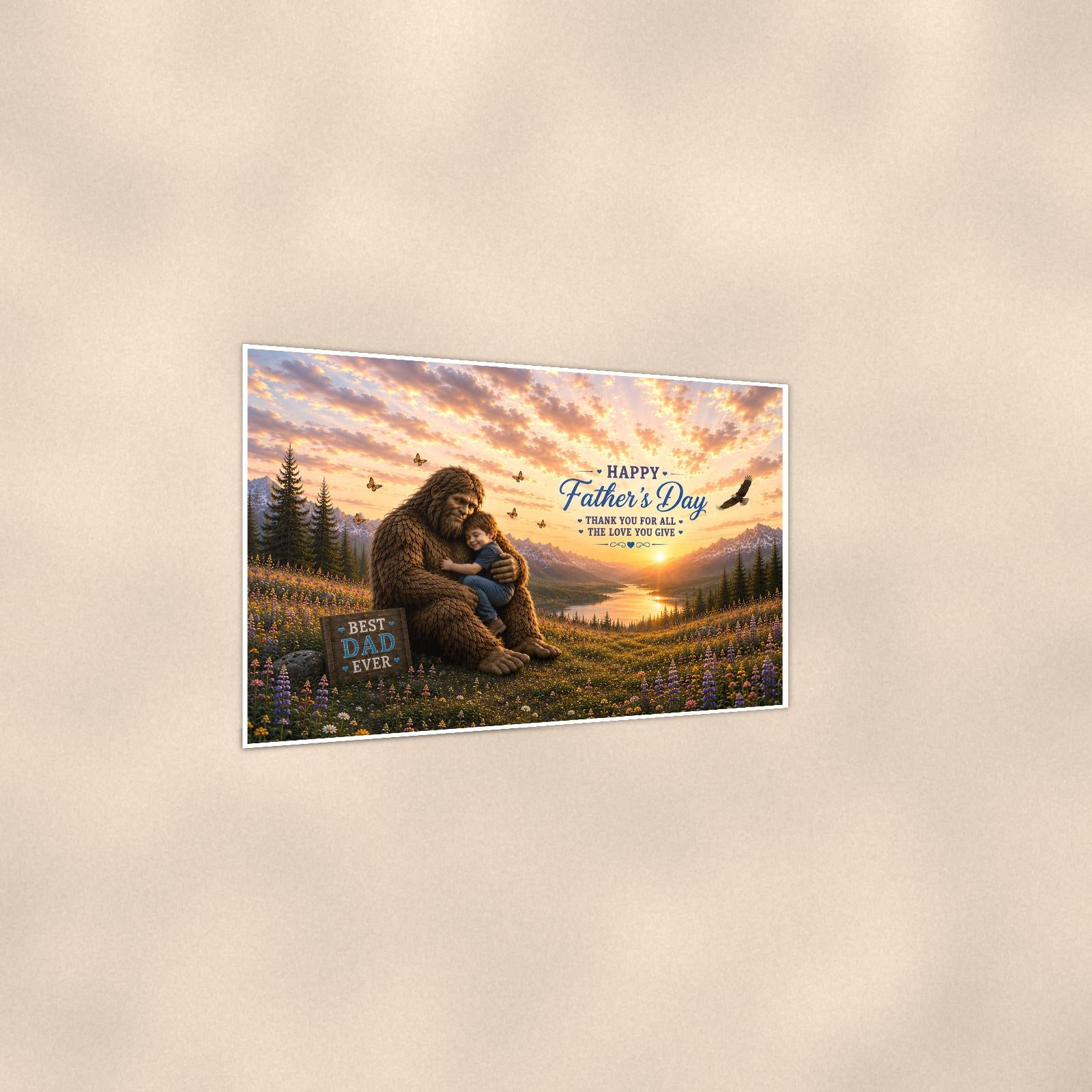 Father’s Day Bigfoot — 36x24 in art print poster, premium luster paper with a white border; gentle three-quarter angle on a warm wall, showing the flat paper edge.