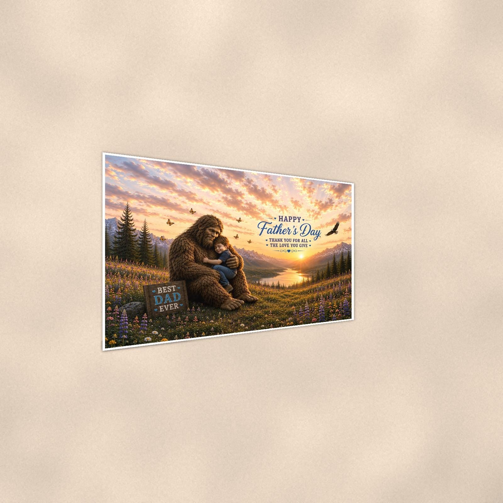 Father’s Day Bigfoot — 36x24 in art print poster, premium luster paper with a white border; steeper three-quarter angle on a warm wall, catching the luster sheen.