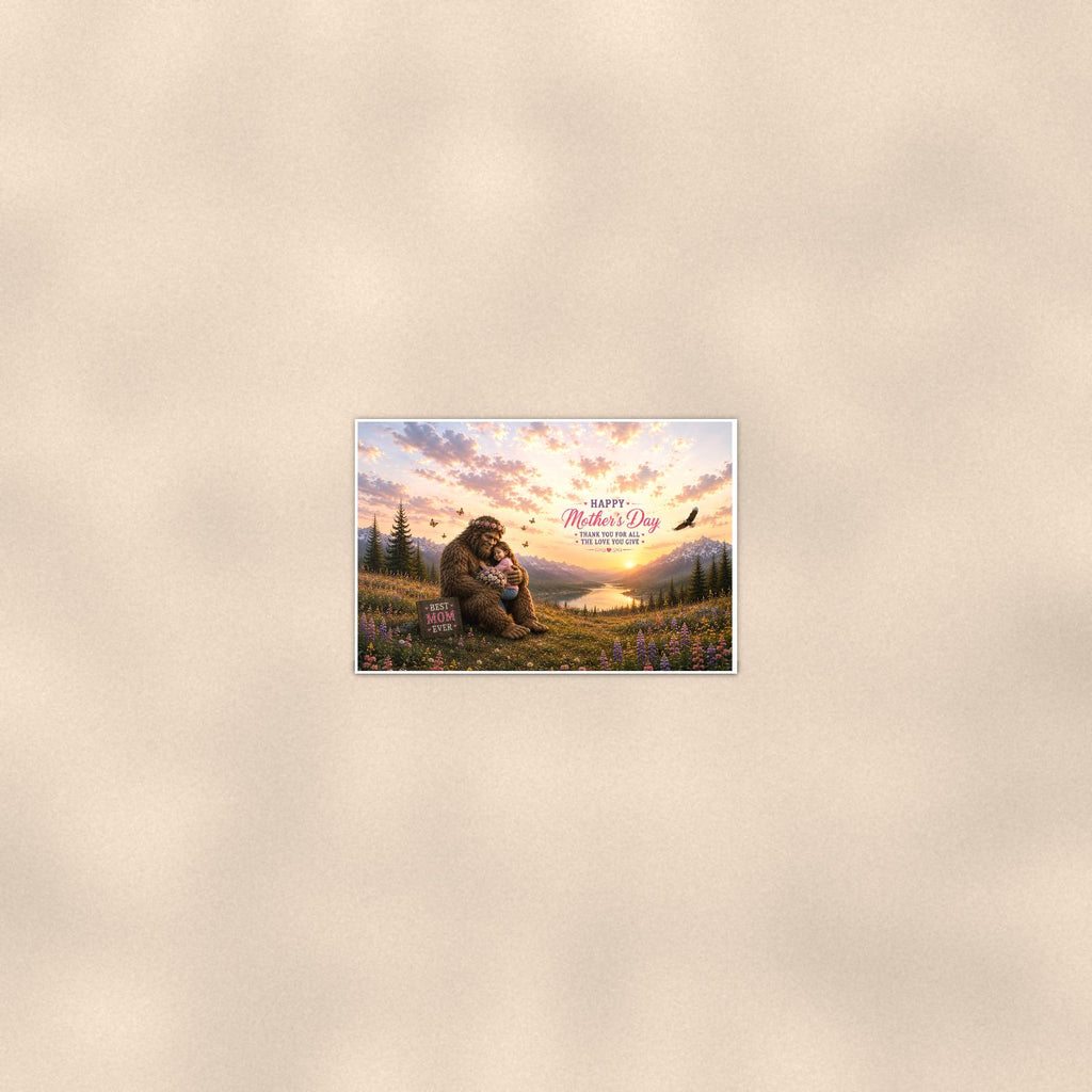 Mother’s Day Bigfoot — 36x24 in art print poster, premium luster paper with a white border; poster seen from further back, at true 24x36 in scale on a warm wall.