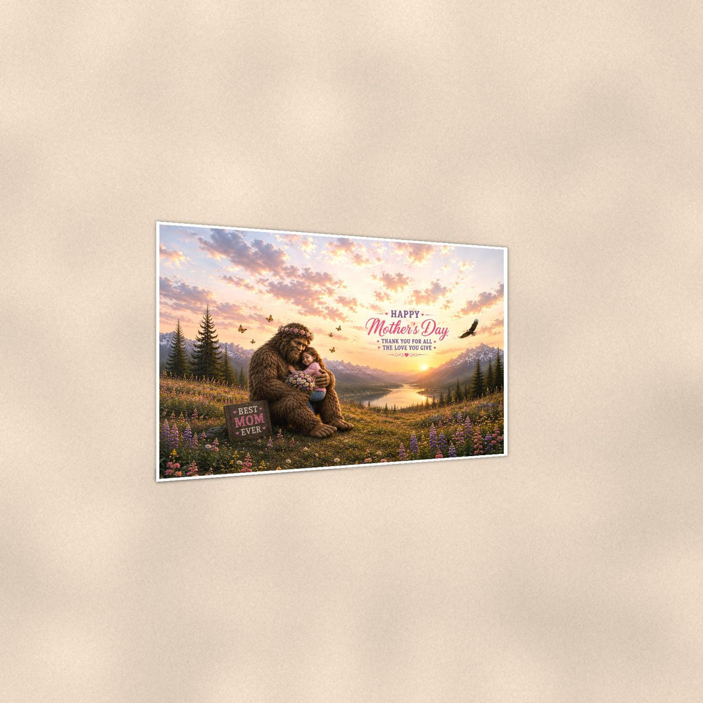 Mother’s Day Bigfoot — 36x24 in art print poster, premium luster paper with a white border; gentle three-quarter angle on a warm wall, showing the flat paper edge.