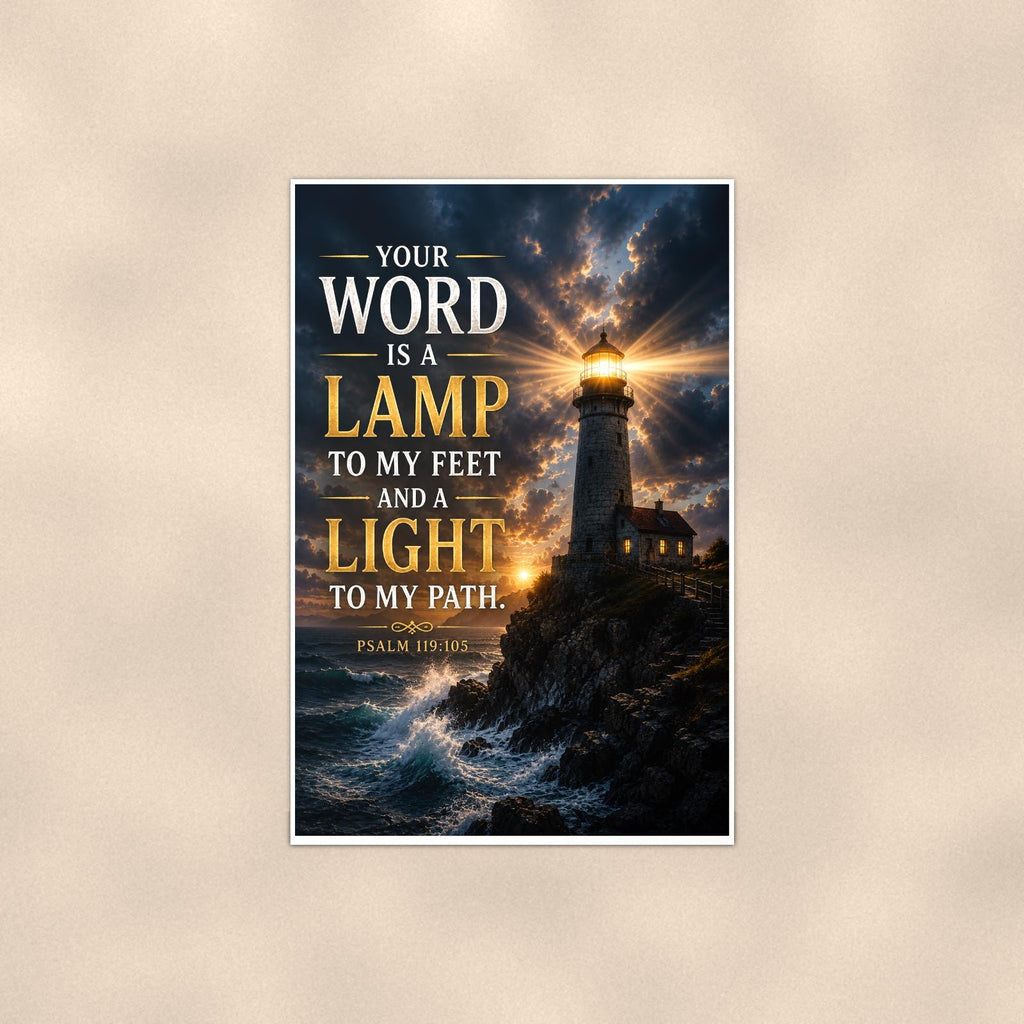 Lamp To My Feet — 24x36 in art print poster, premium luster paper with a white border; poster shown straight on against a warm wall.