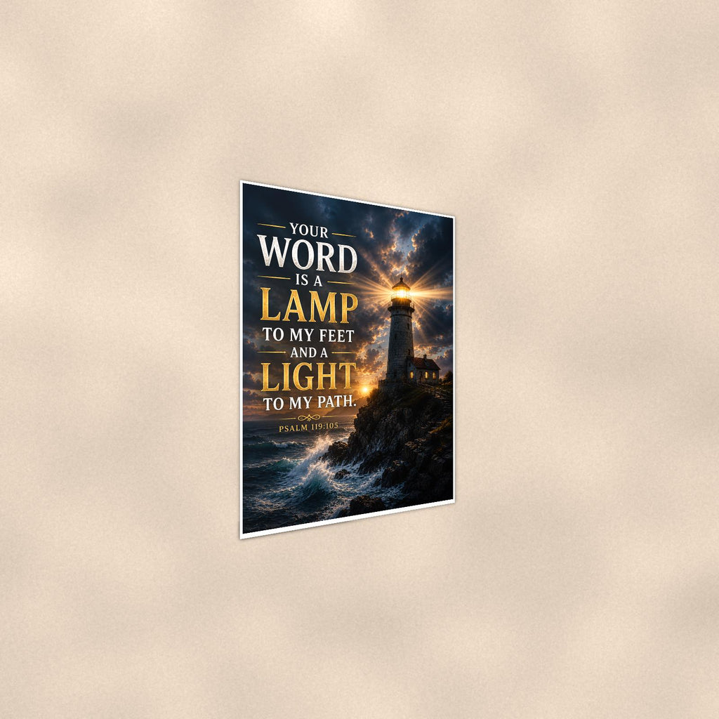 Lamp To My Feet — 24x36 in art print poster, premium luster paper with a white border; steeper three-quarter angle on a warm wall, catching the luster sheen.