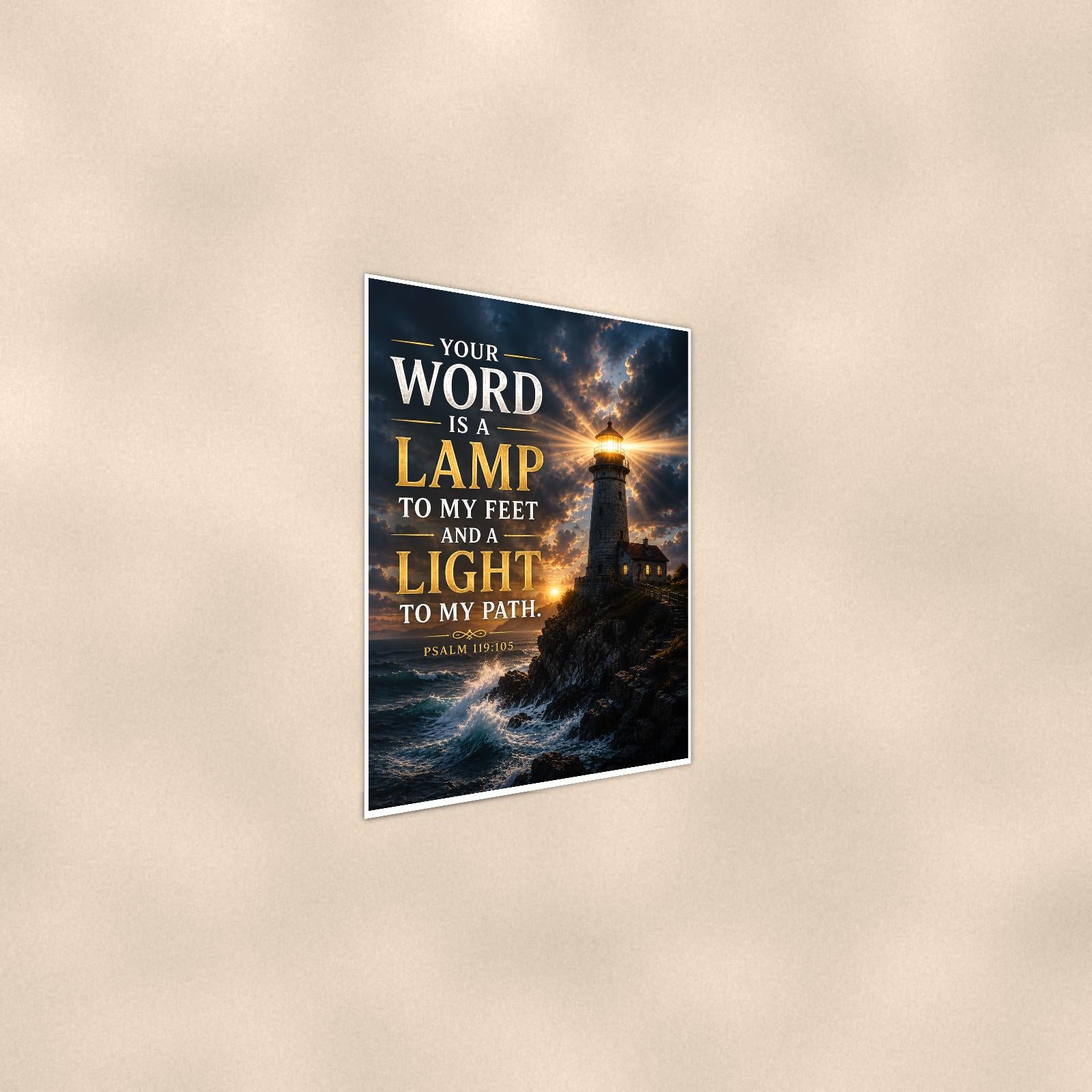 Lamp To My Feet — 24x36 in art print poster, premium luster paper with a white border; steeper three-quarter angle on a warm wall, catching the luster sheen.