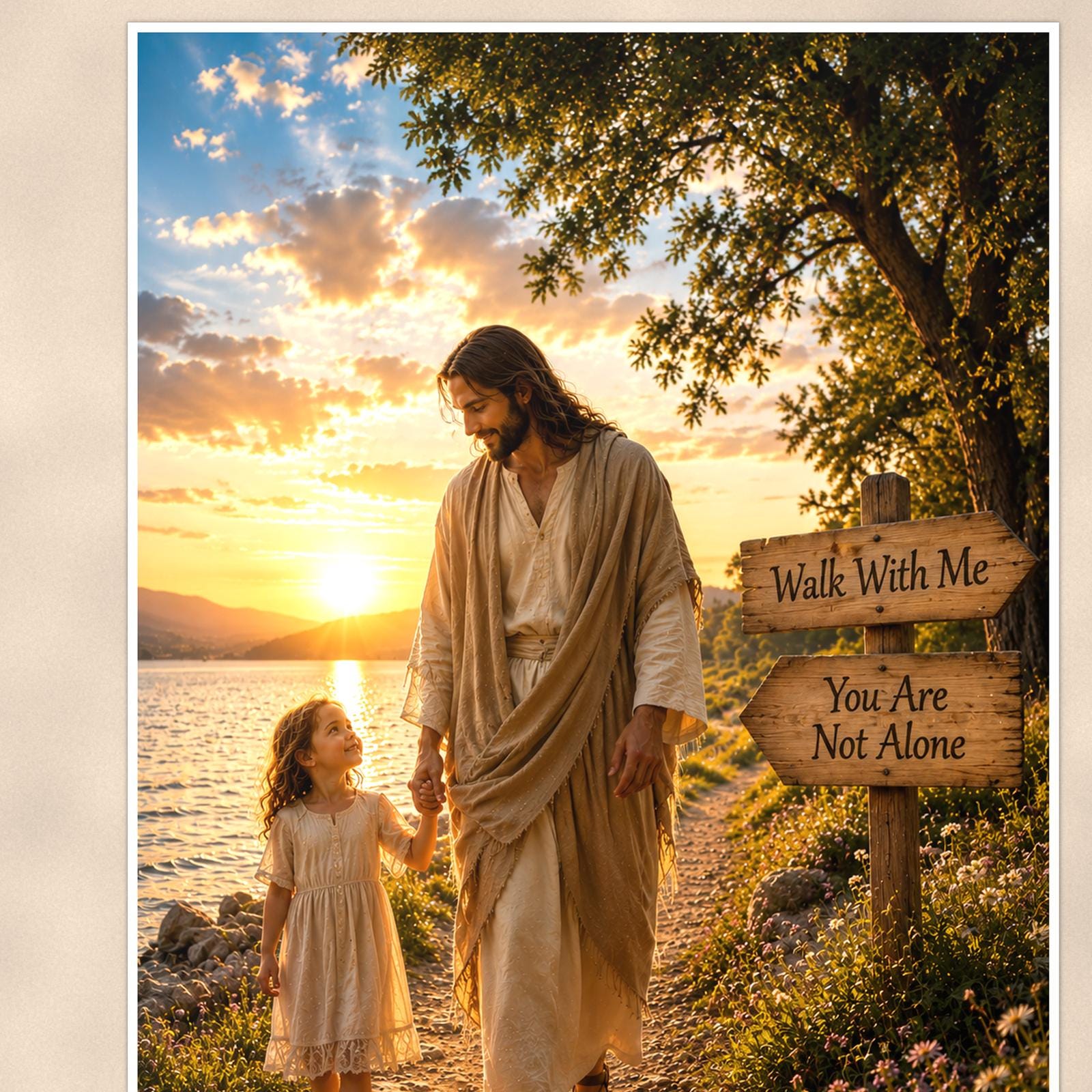 Walk with me — 24x36 in art print poster, premium luster paper with a white border; close-up framed on the main subject of the artwork, paper surface visible.