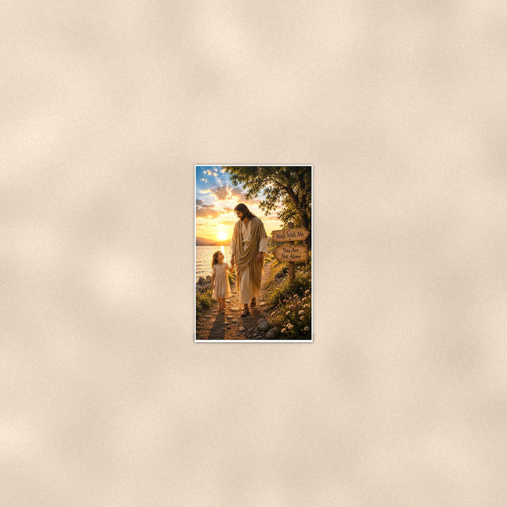 Walk with me — 24x36 in art print poster, premium luster paper with a white border; poster seen from further back, at true 24x36 in scale on a warm wall.