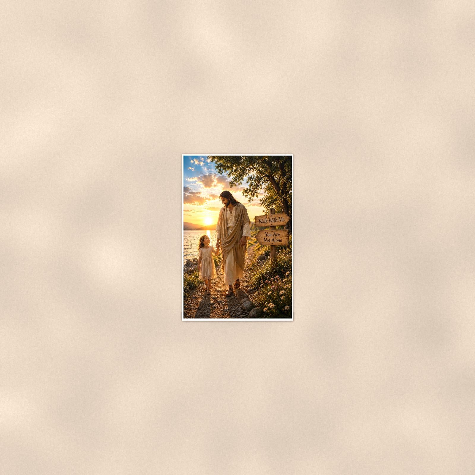 Walk with me — 24x36 in art print poster, premium luster paper with a white border; poster seen from further back, at true 24x36 in scale on a warm wall.