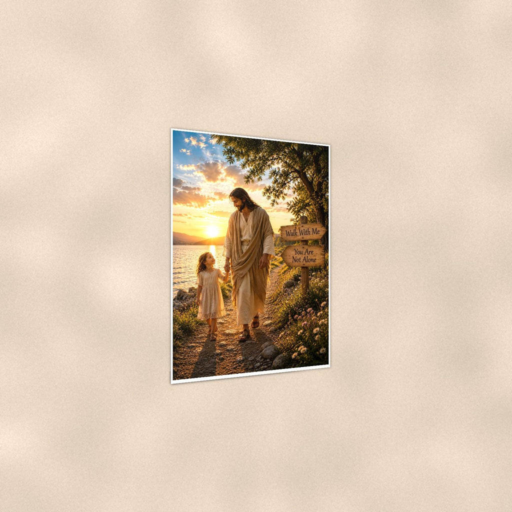 Walk with me — 24x36 in art print poster, premium luster paper with a white border; gentle three-quarter angle on a warm wall, showing the flat paper edge.
