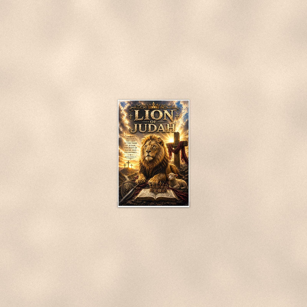 Lion of Judah — 24x36 in art print poster, premium luster paper with a white border; poster seen from further back, at true 24x36 in scale on a warm wall.