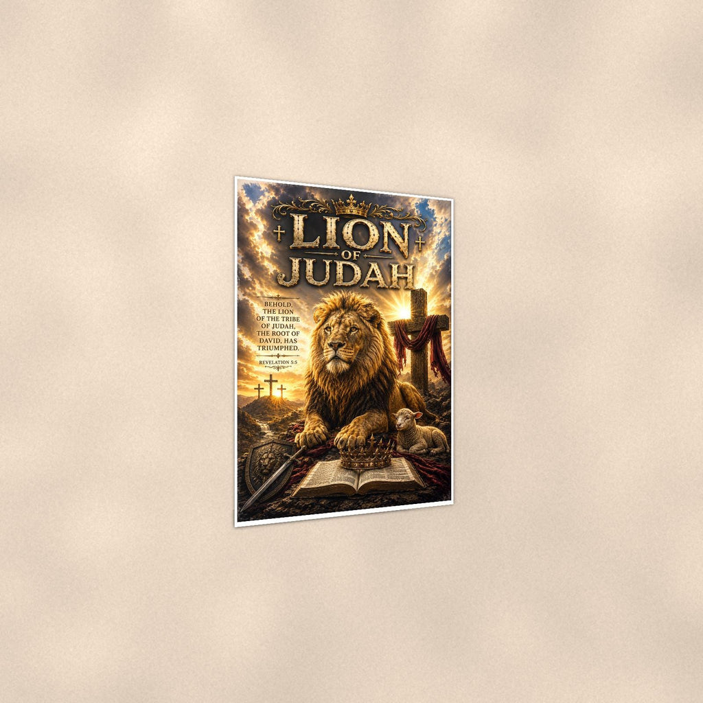 Lion of Judah — 24x36 in art print poster, premium luster paper with a white border; gentle three-quarter angle on a warm wall, showing the flat paper edge.