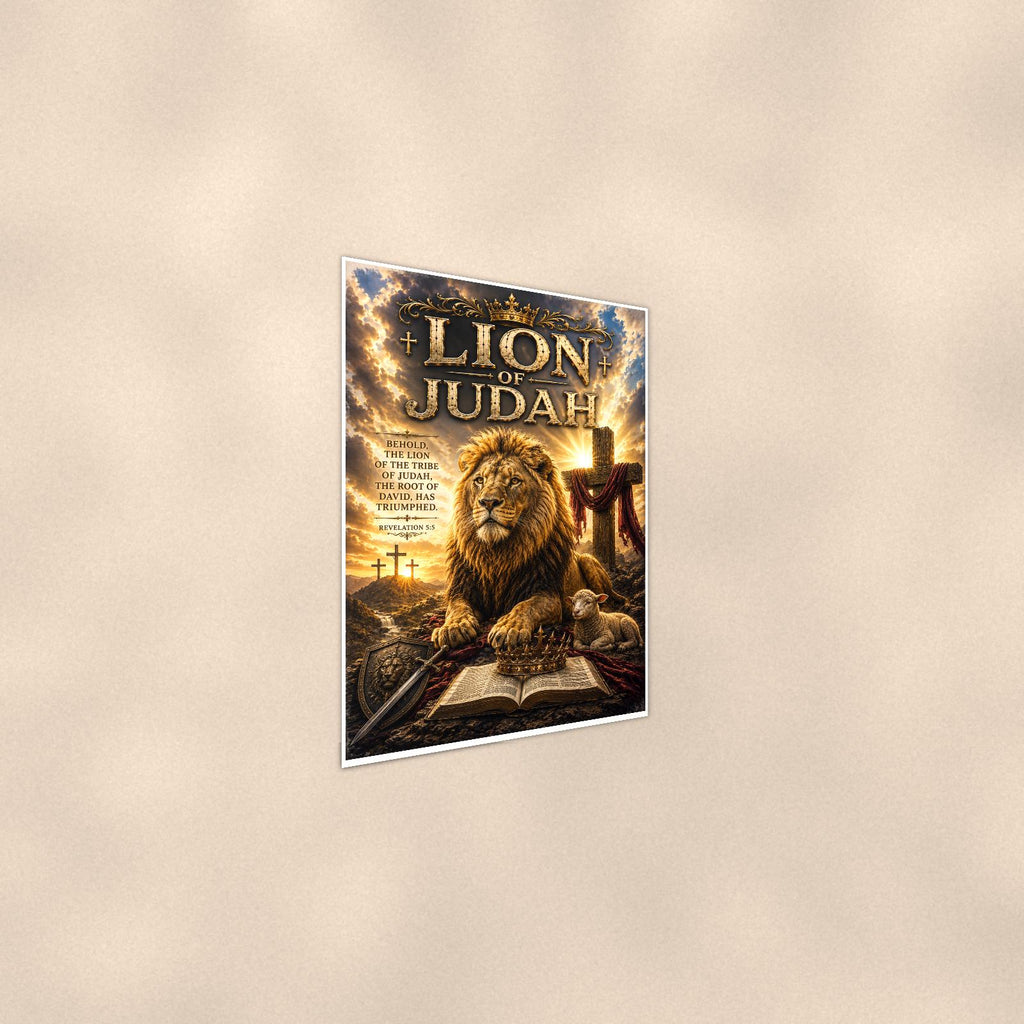 Lion of Judah — 24x36 in art print poster, premium luster paper with a white border; steeper three-quarter angle on a warm wall, catching the luster sheen.