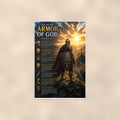 Armor of God Shield Knight — 24x36 in art print poster, premium luster paper with a white border; poster shown straight on against a warm wall.