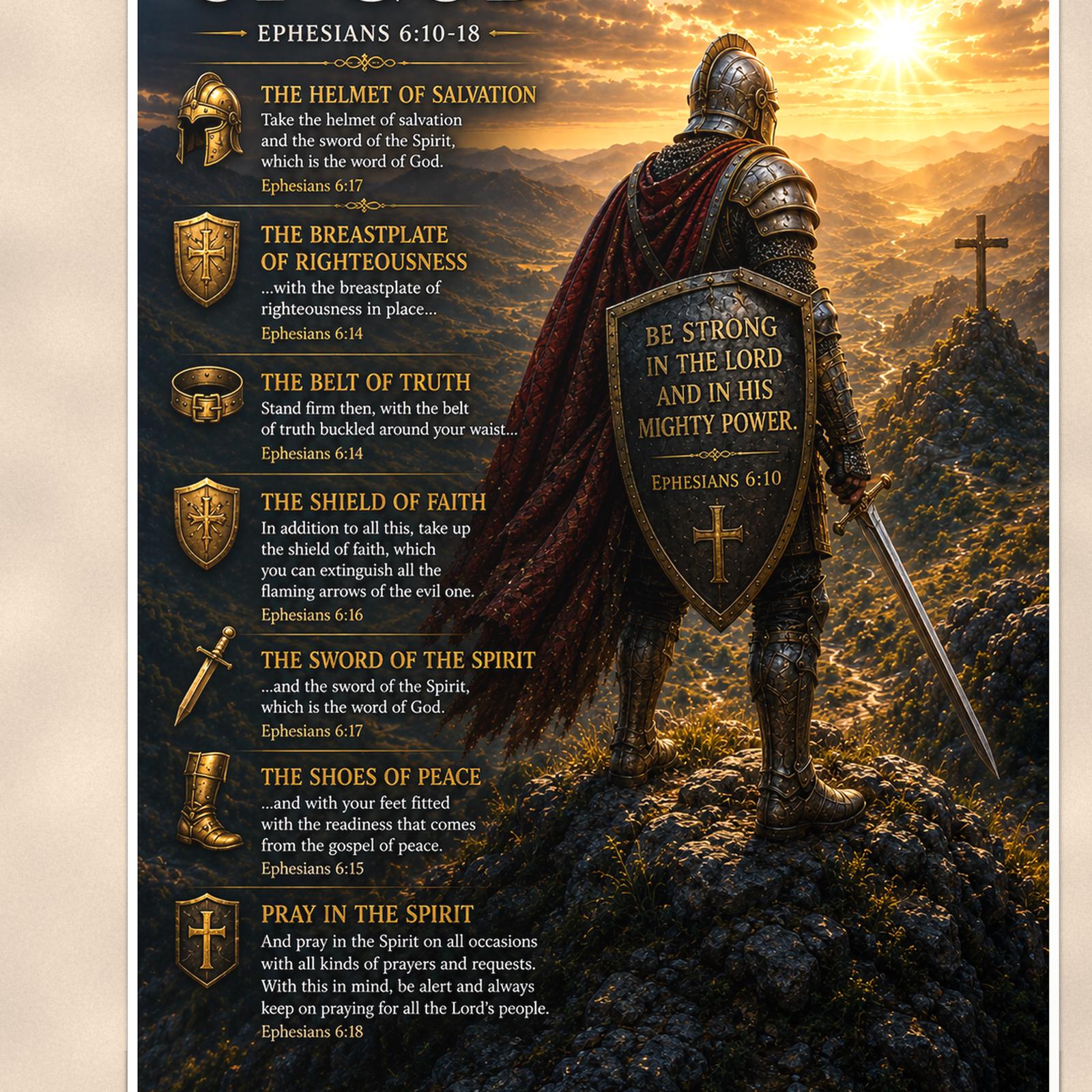Armor of God Shield Knight — 24x36 in art print poster, premium luster paper with a white border; close-up framed on the main subject of the artwork, paper surface visible.