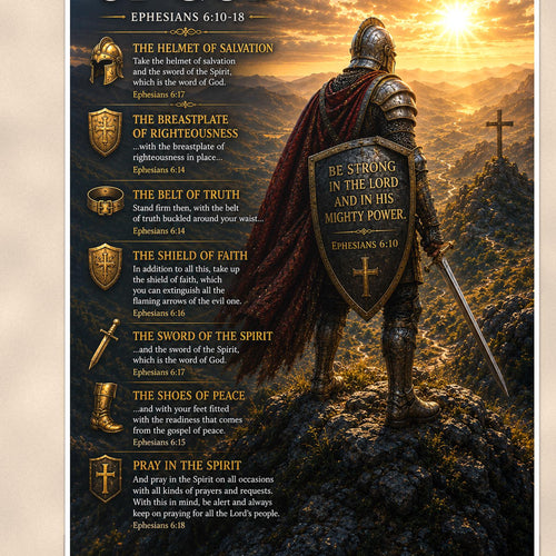 Armor of God Shield Knight — 24x36 in art print poster, premium luster paper with a white border; close-up framed on the main subject of the artwork, paper surface visible.