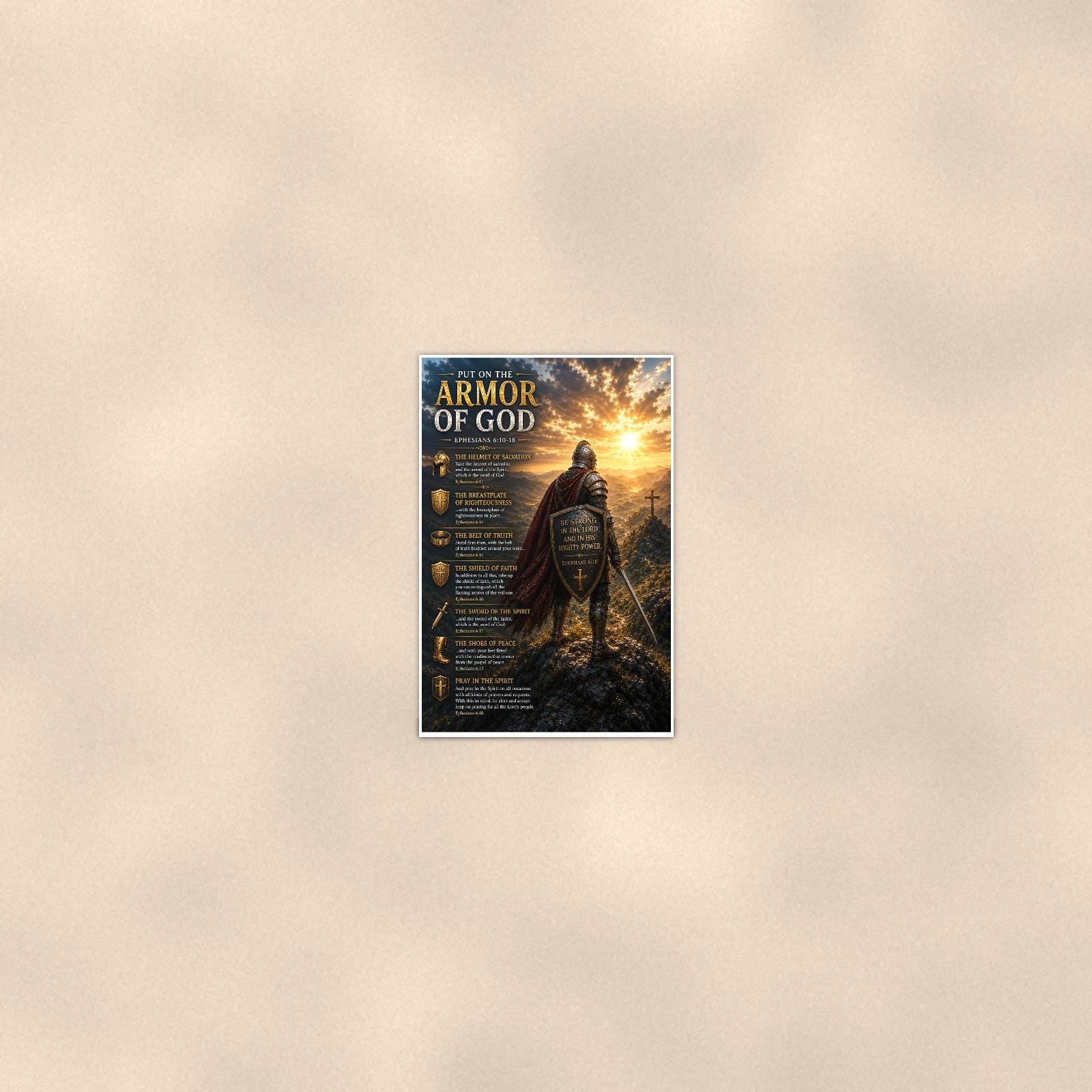 Armor of God Shield Knight — 24x36 in art print poster, premium luster paper with a white border; poster seen from further back, at true 24x36 in scale on a warm wall.