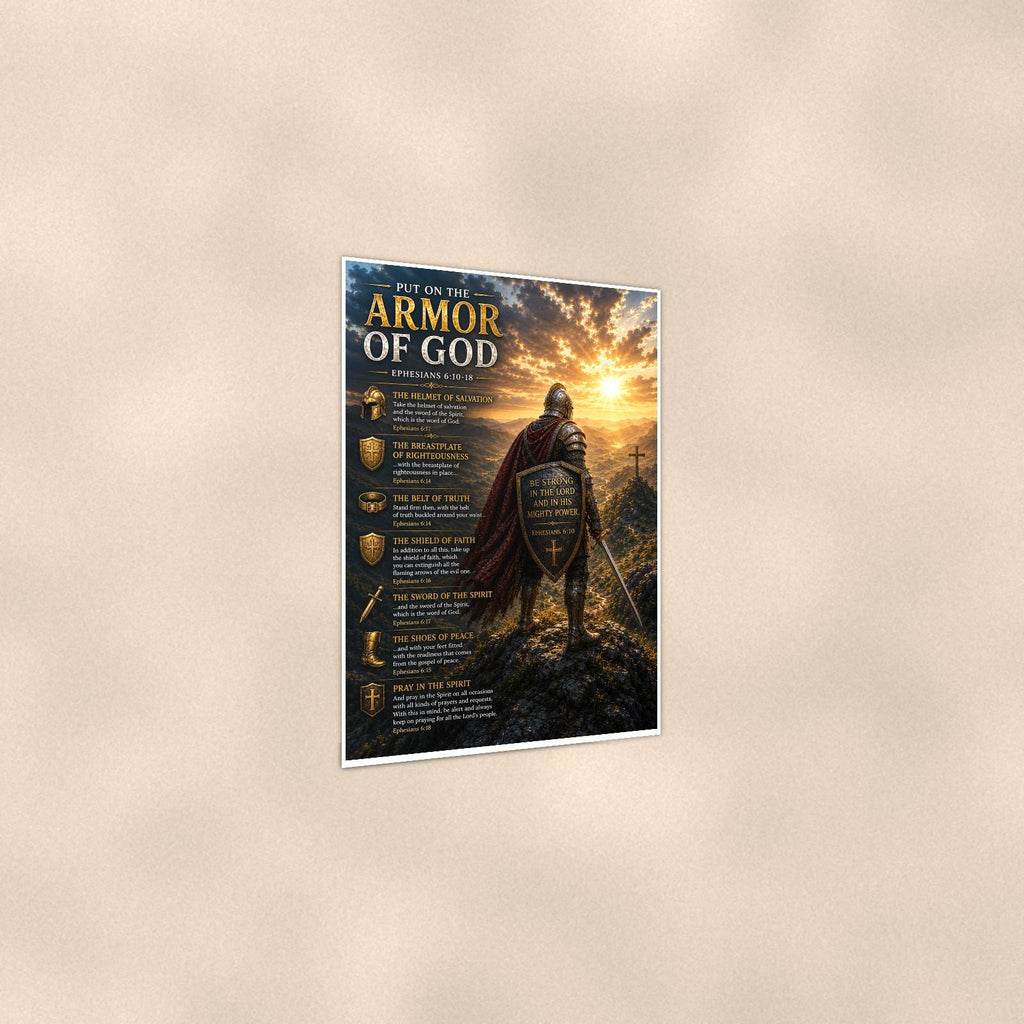Armor of God Shield Knight — 24x36 in art print poster, premium luster paper with a white border; gentle three-quarter angle on a warm wall, showing the flat paper edge.