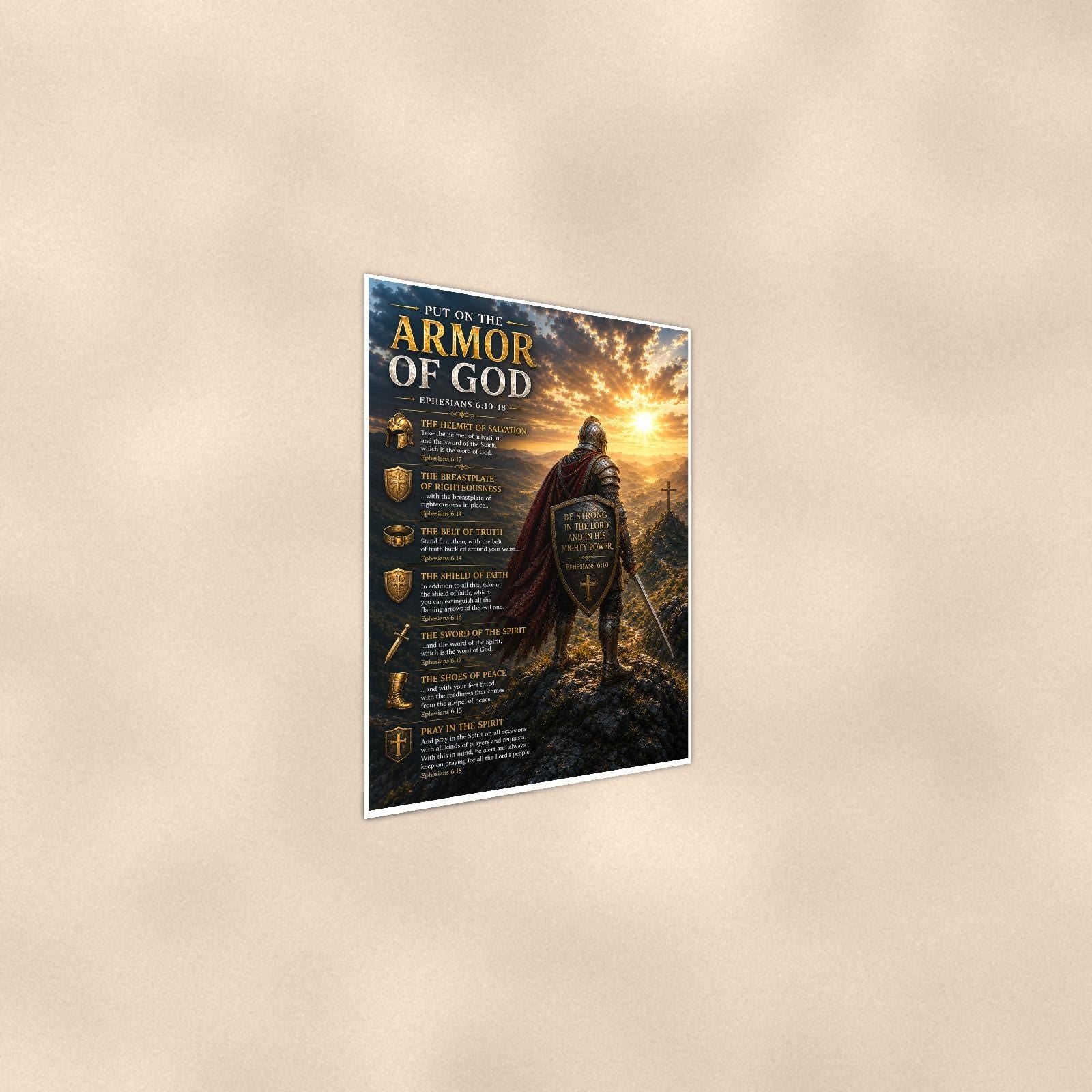 Armor of God Shield Knight — 24x36 in art print poster, premium luster paper with a white border; steeper three-quarter angle on a warm wall, catching the luster sheen.