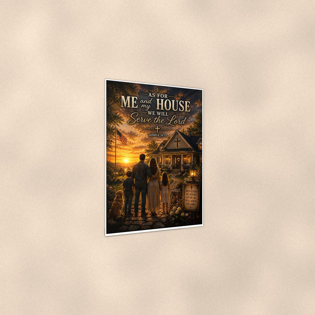 As for me and my House — 24x36 in art print poster, premium luster paper with a white border; gentle three-quarter angle on a warm wall, showing the flat paper edge.