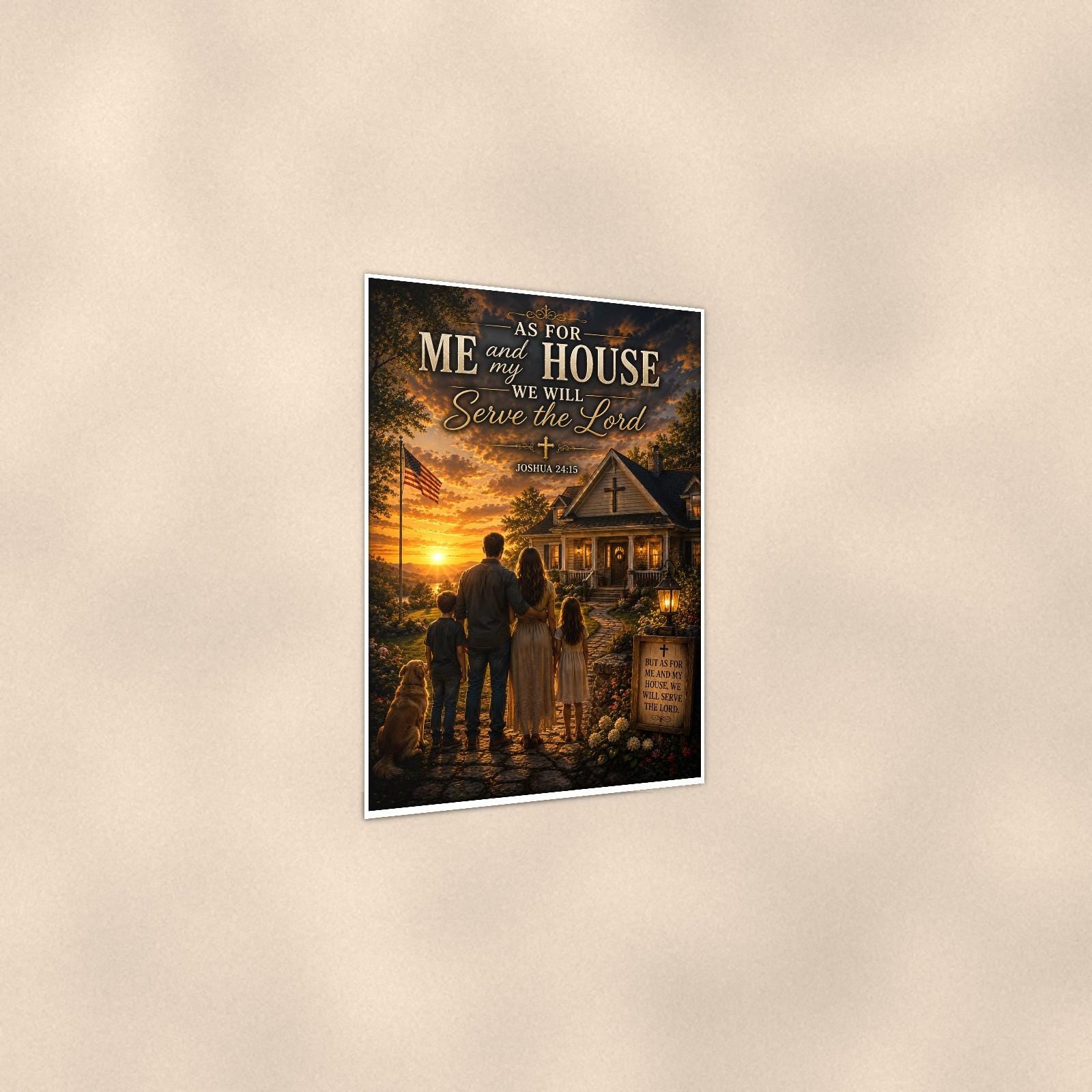 As for me and my House — 24x36 in art print poster, premium luster paper with a white border; gentle three-quarter angle on a warm wall, showing the flat paper edge.