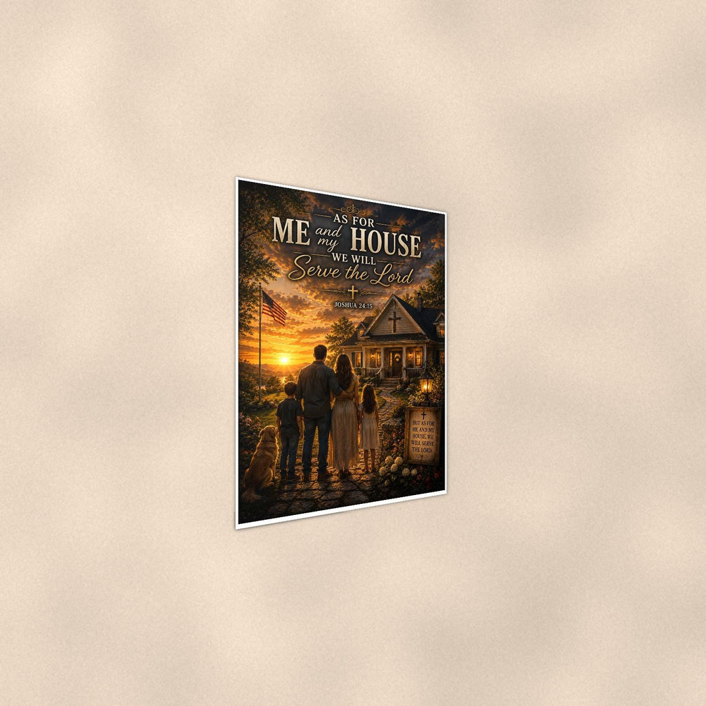 As for me and my House — 24x36 in art print poster, premium luster paper with a white border; steeper three-quarter angle on a warm wall, catching the luster sheen.