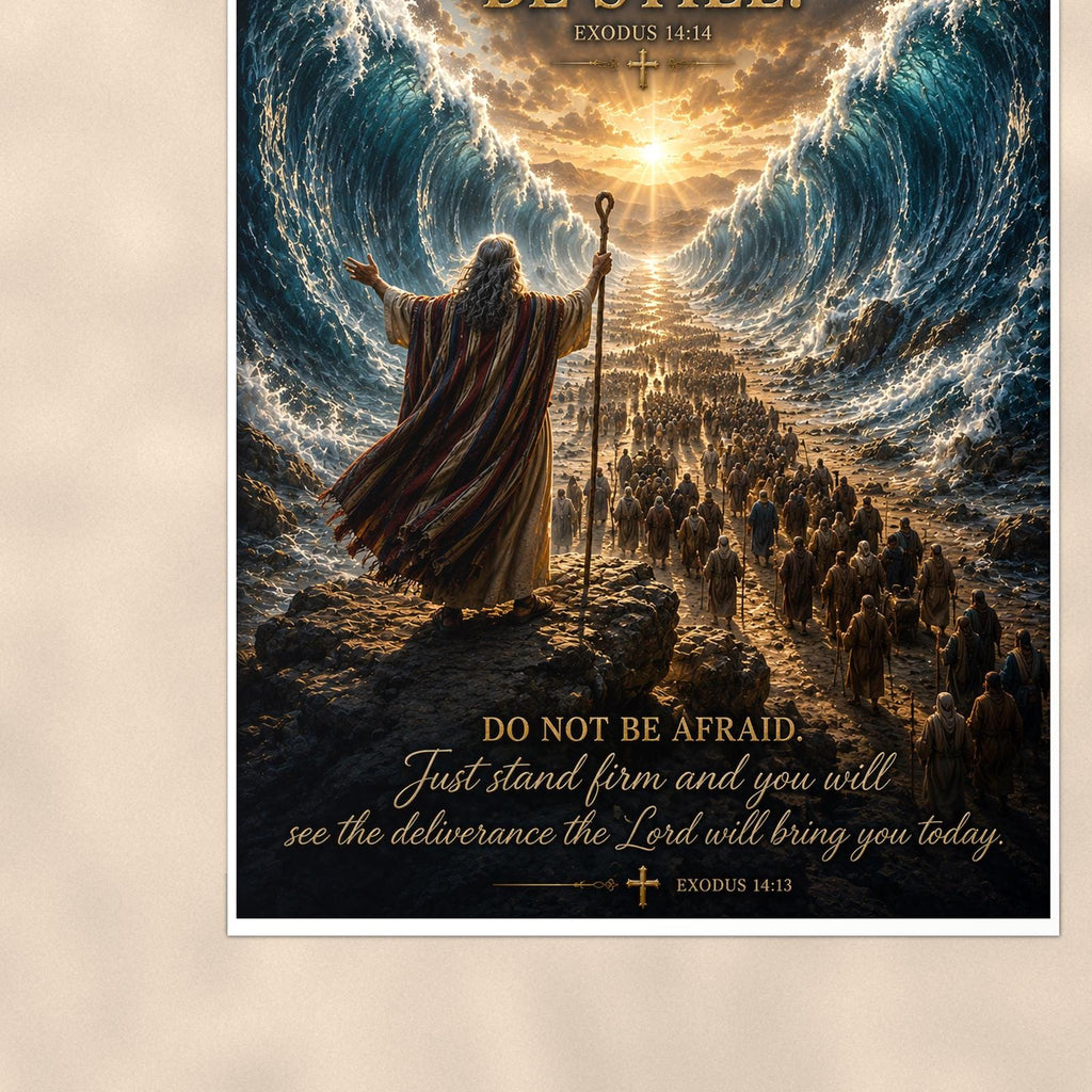 Be Still Parted Sea — 24x36 in art print poster, premium luster paper with a white border; close-up framed on the main subject of the artwork, paper surface visible.