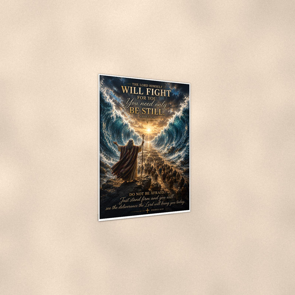 Be Still Parted Sea — 24x36 in art print poster, premium luster paper with a white border; gentle three-quarter angle on a warm wall, showing the flat paper edge.