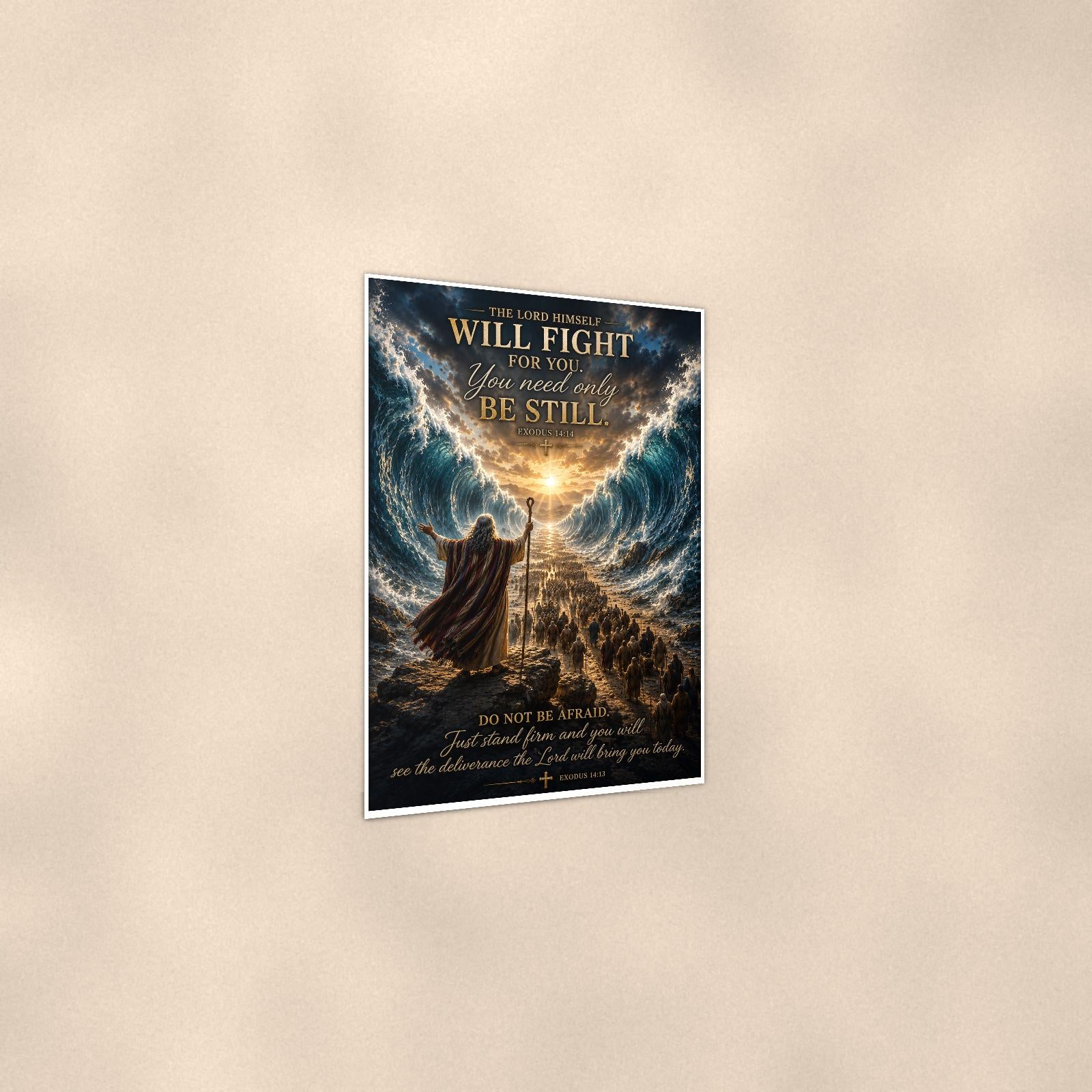 Be Still Parted Sea — 24x36 in art print poster, premium luster paper with a white border; gentle three-quarter angle on a warm wall, showing the flat paper edge.