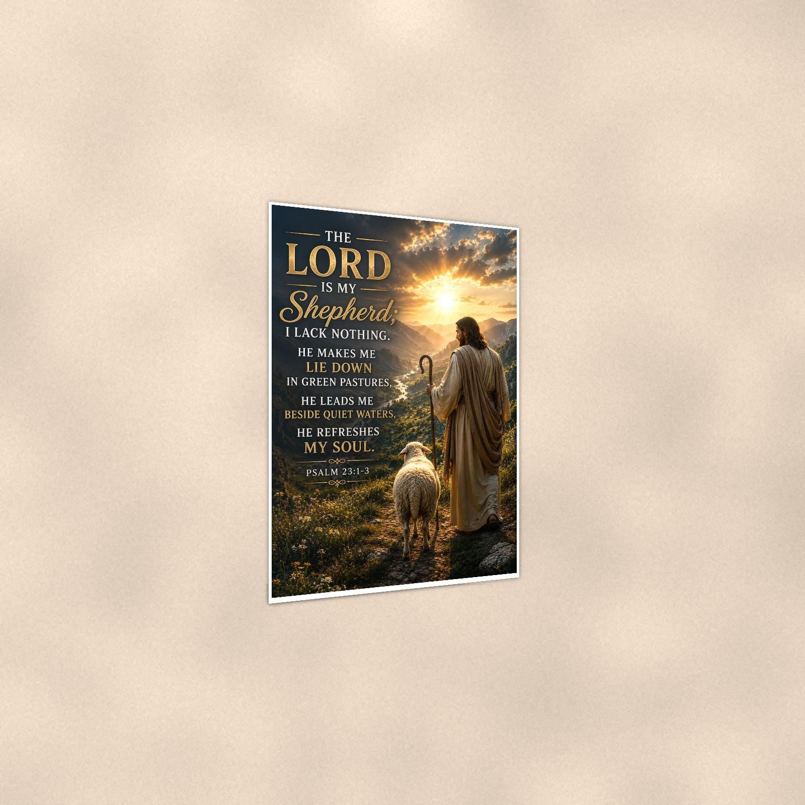 The Lord Is My Shepherd — 24x36 in art print poster, premium luster paper with a white border; gentle three-quarter angle on a warm wall, showing the flat paper edge.