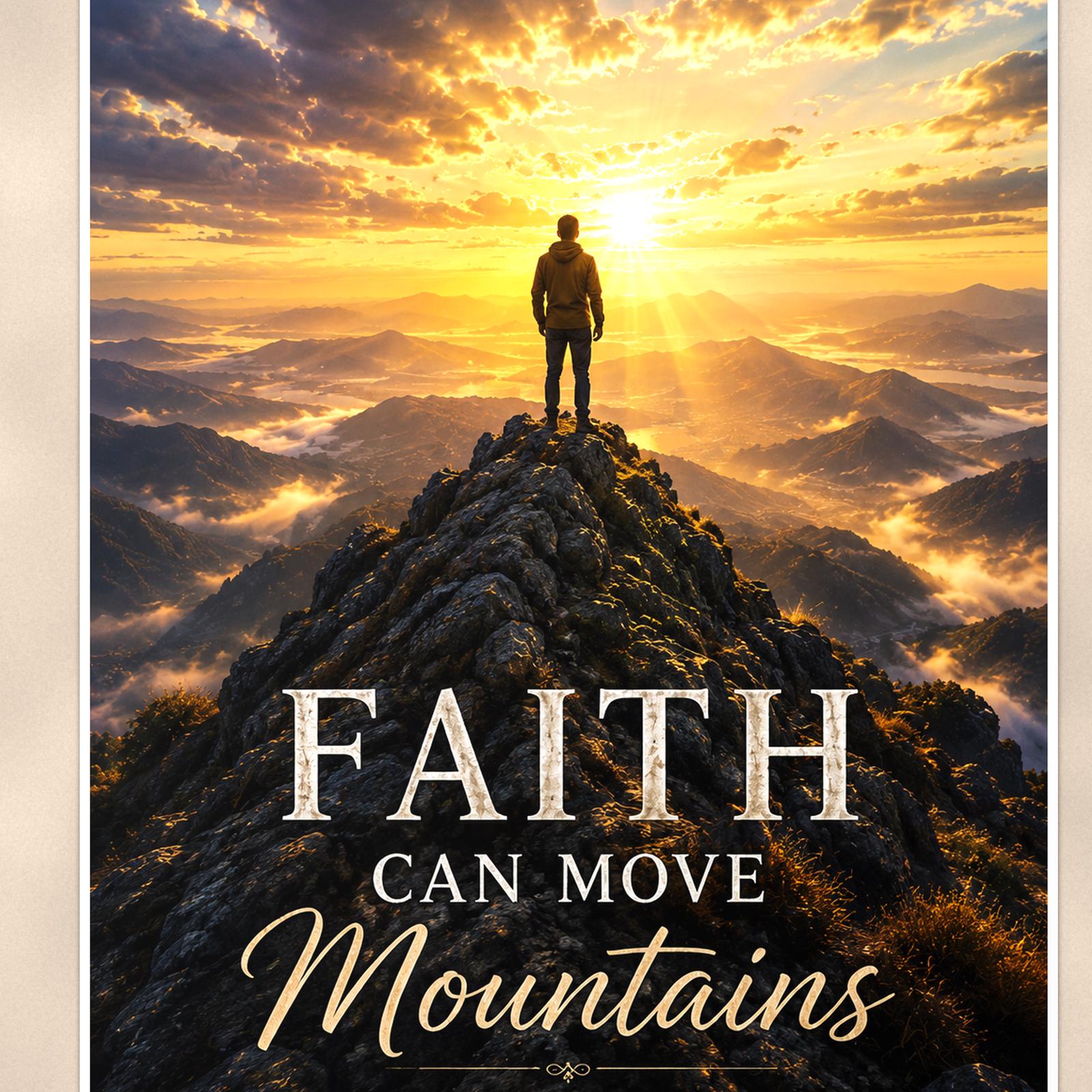 Faith Can Move Mountains — 24x36 in art print poster, premium luster paper with a white border; close-up framed on the main subject of the artwork, paper surface visible.